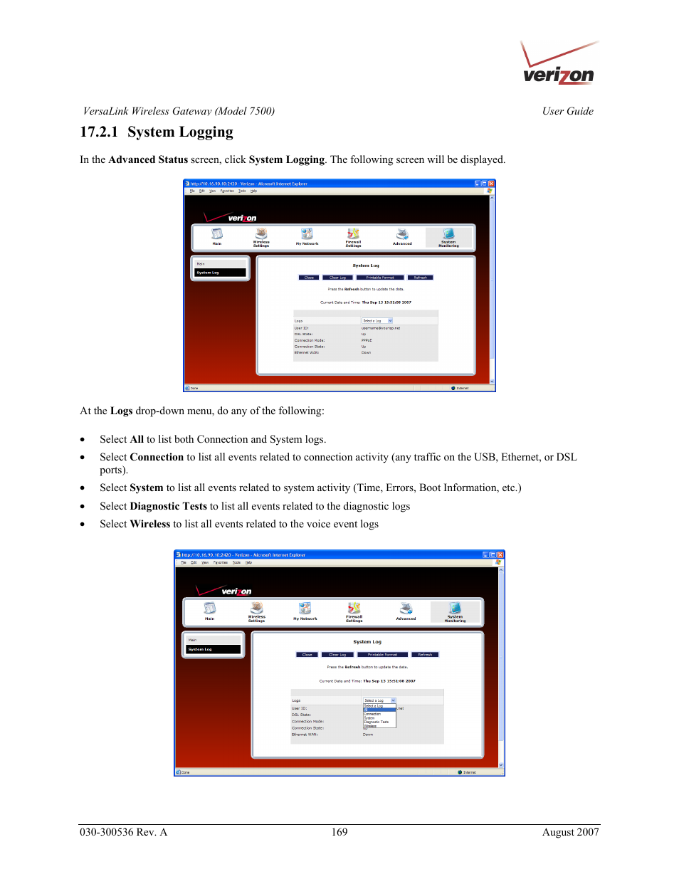 1 system logging | Verizon 7500 User Manual | Page 169 / 186