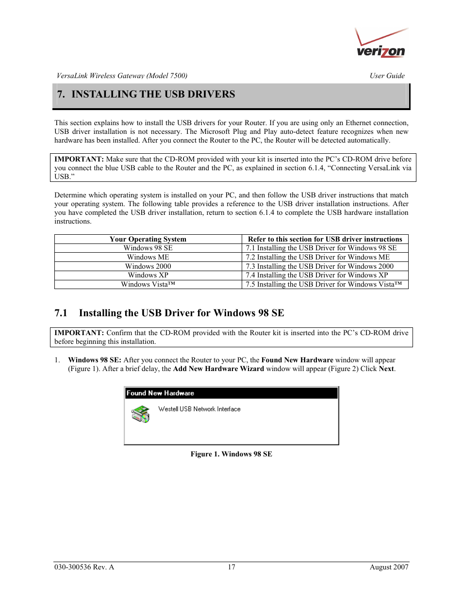 Installing the usb drivers, 1 installing the usb driver for windows 98 se | Verizon 7500 User Manual | Page 17 / 186