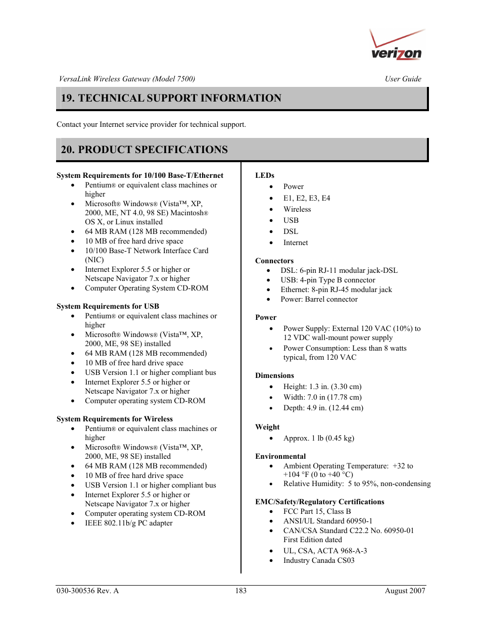 Technical support information, Product specifications | Verizon 7500 User Manual | Page 183 / 186