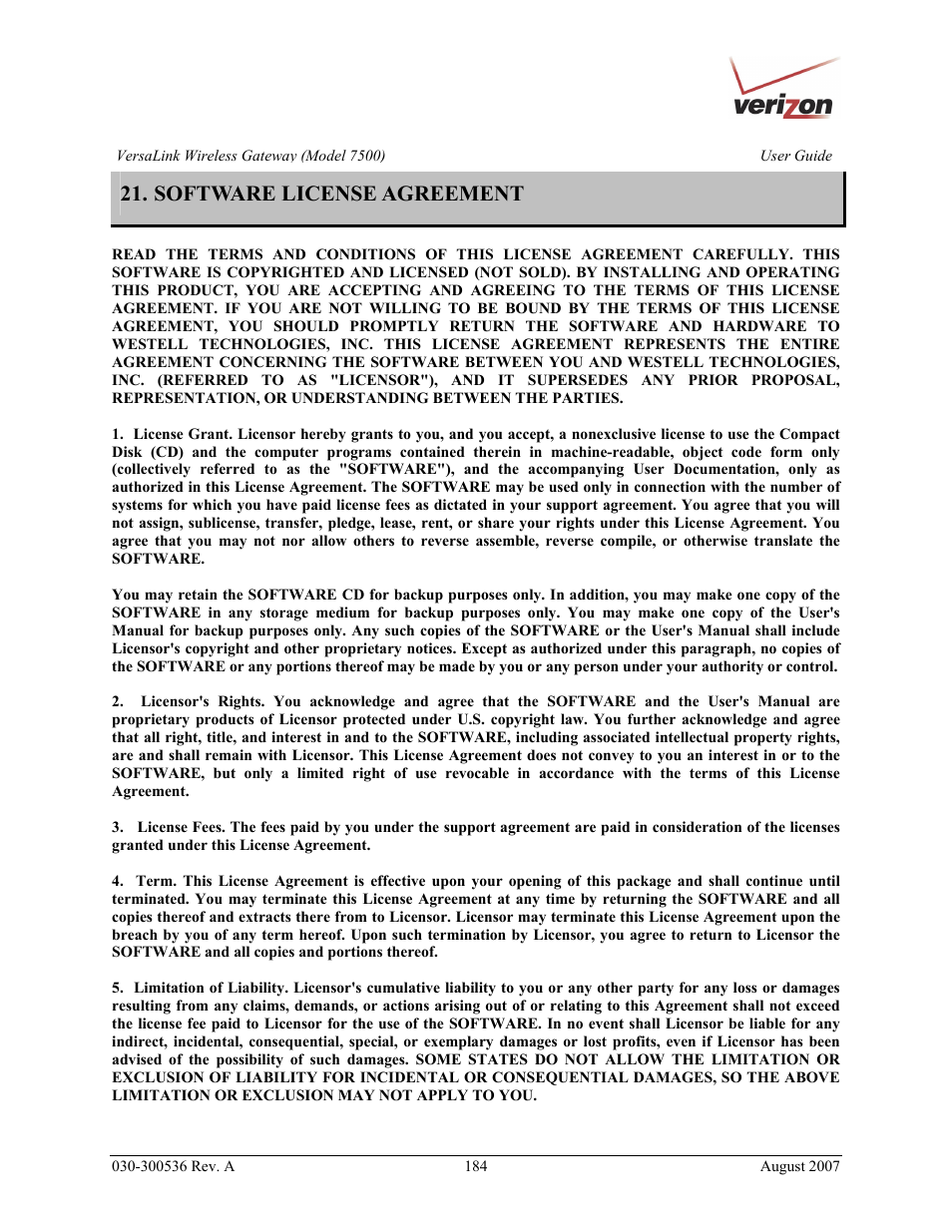 Software license agreement | Verizon 7500 User Manual | Page 184 / 186