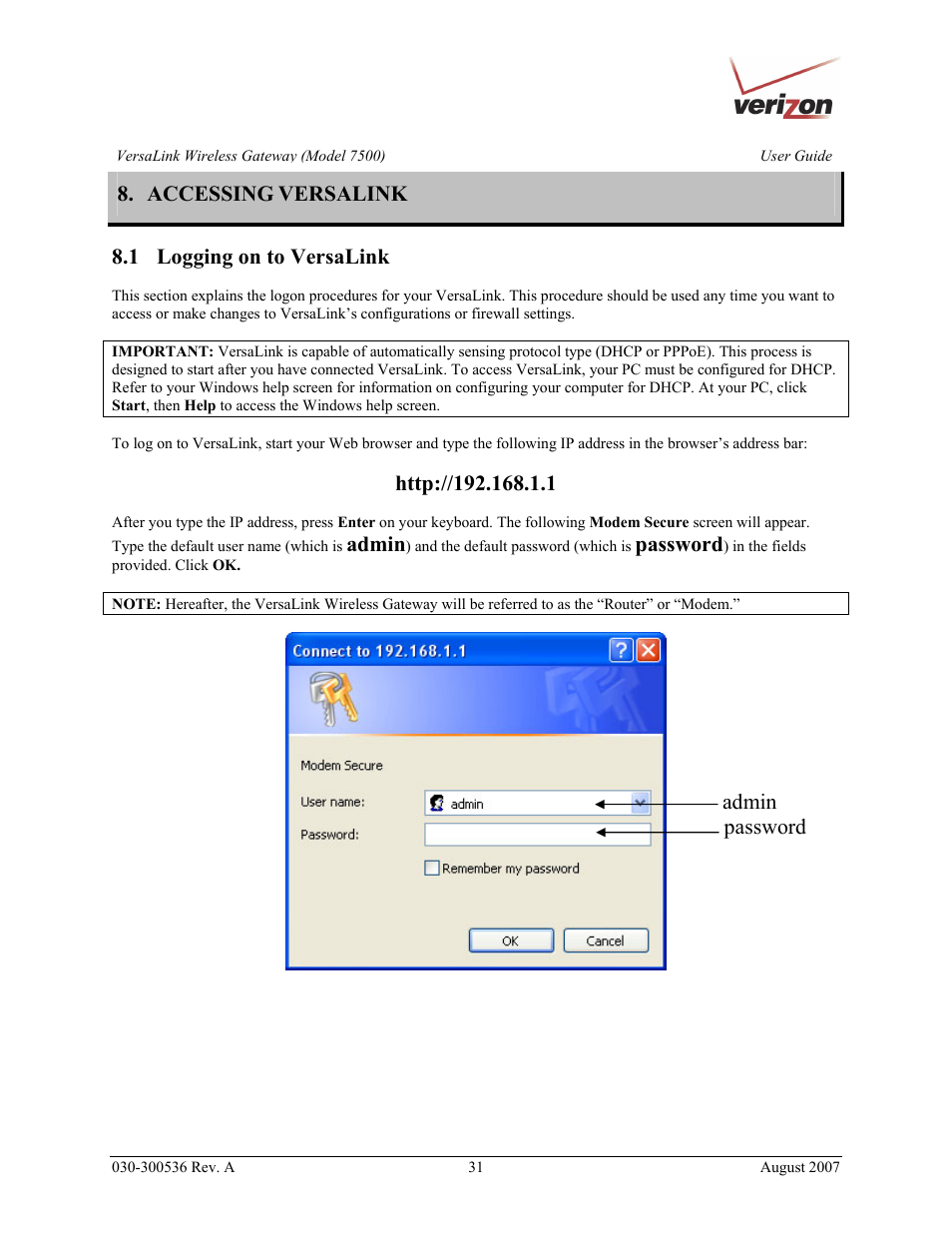 Accessing versalink, 1 logging on to versalink, Admin | Password, Admin password | Verizon 7500 User Manual | Page 31 / 186