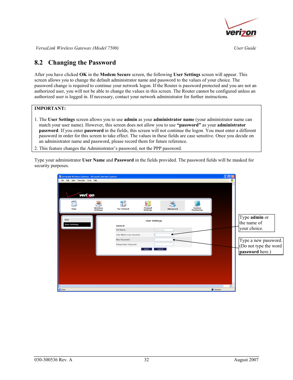 2 changing the password | Verizon 7500 User Manual | Page 32 / 186