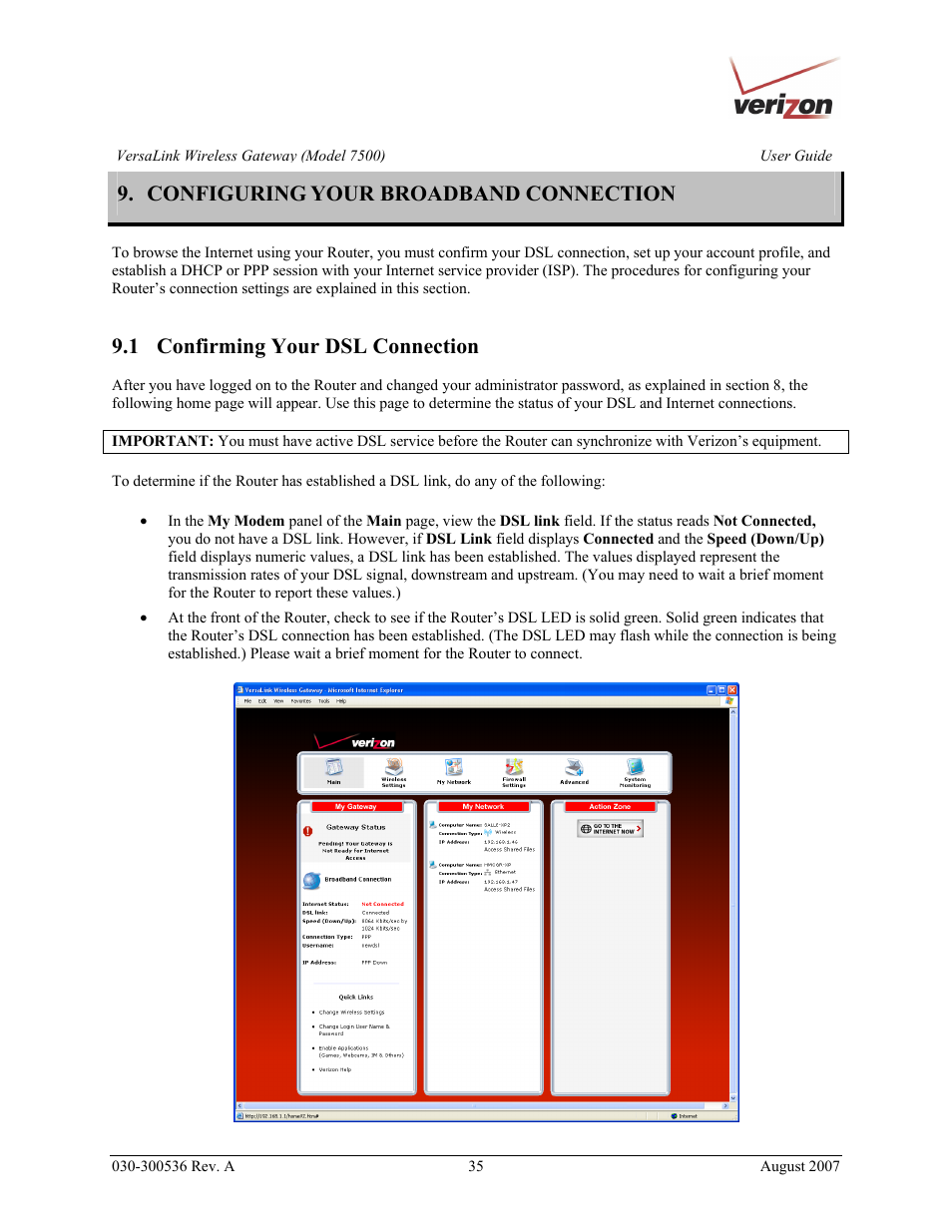 Configuring your broadband connection, 1 confirming your dsl connection | Verizon 7500 User Manual | Page 35 / 186