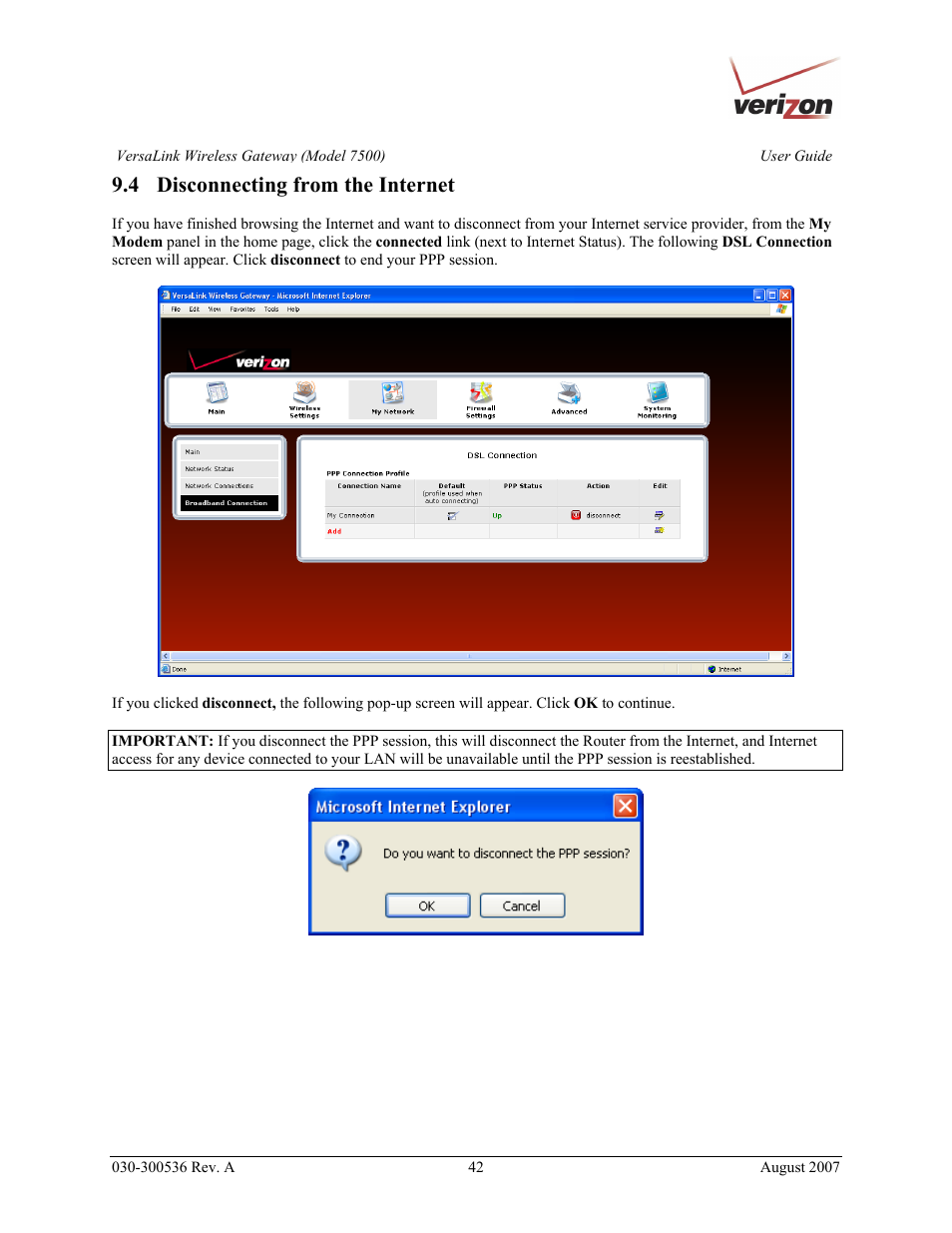4 disconnecting from the internet | Verizon 7500 User Manual | Page 42 / 186