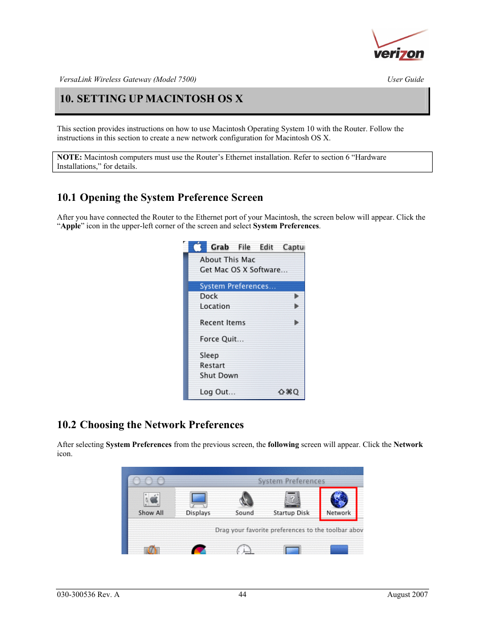 Setting up macintosh os x, 1 opening the system preference screen, 2 choosing the network preferences | Verizon 7500 User Manual | Page 44 / 186