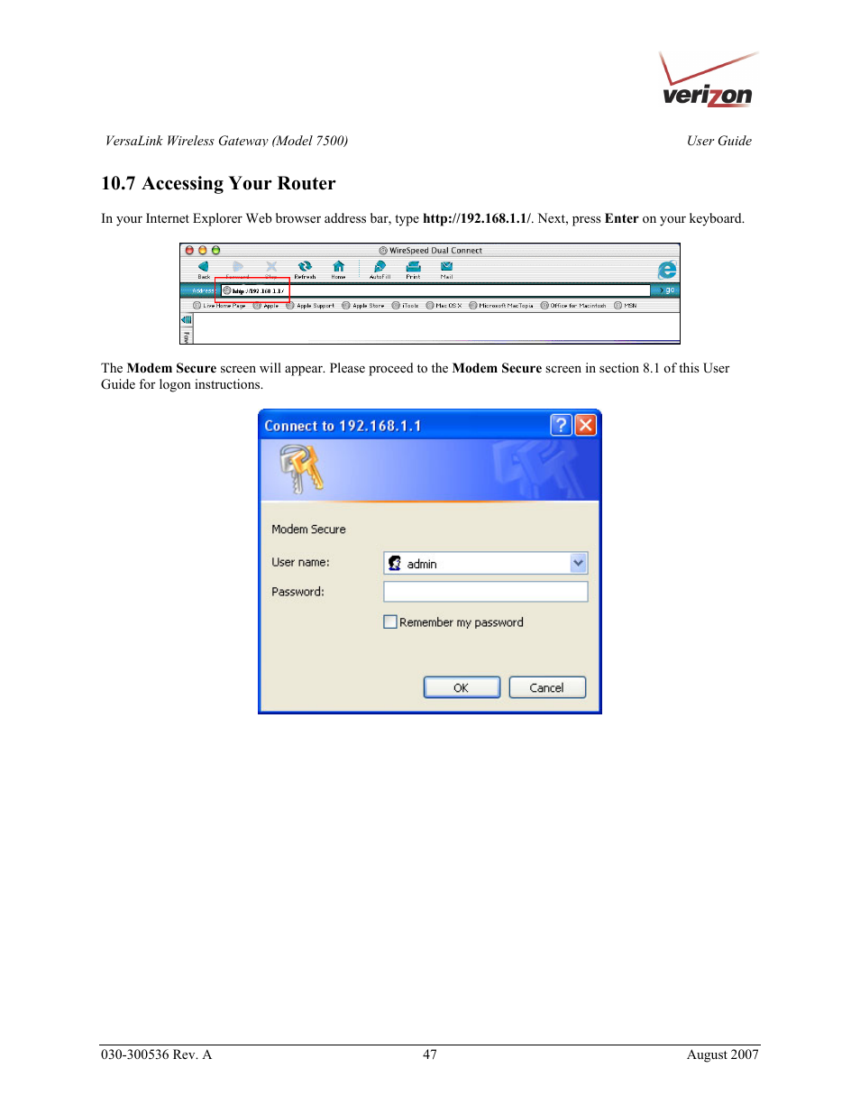 7 accessing your router | Verizon 7500 User Manual | Page 47 / 186