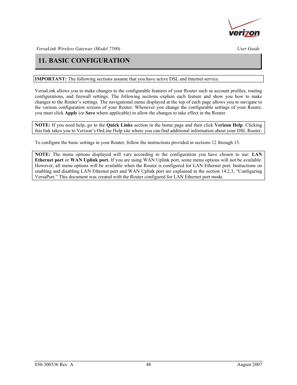 Basic configuration | Verizon 7500 User Manual | Page 48 / 186