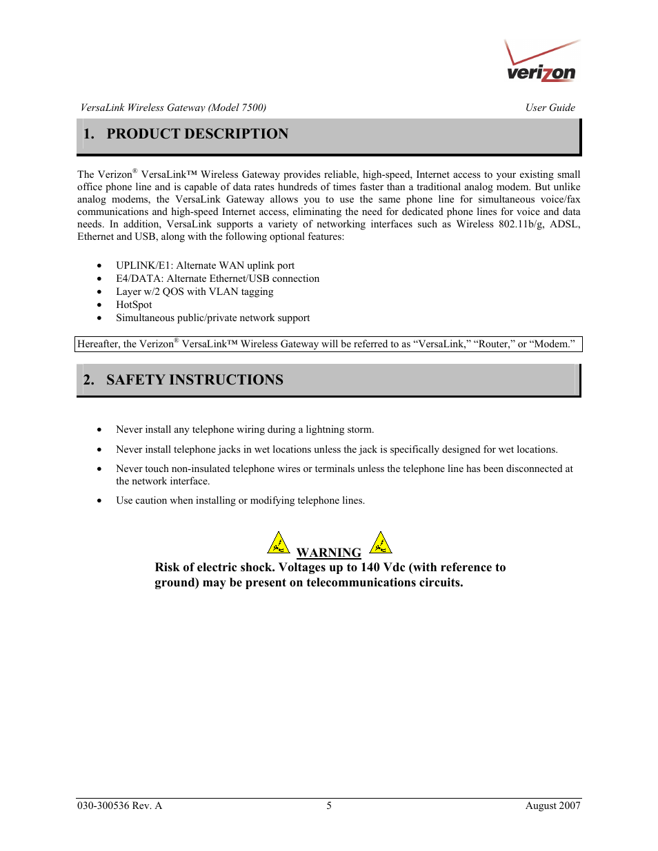 Product description, Safety instructions | Verizon 7500 User Manual | Page 5 / 186