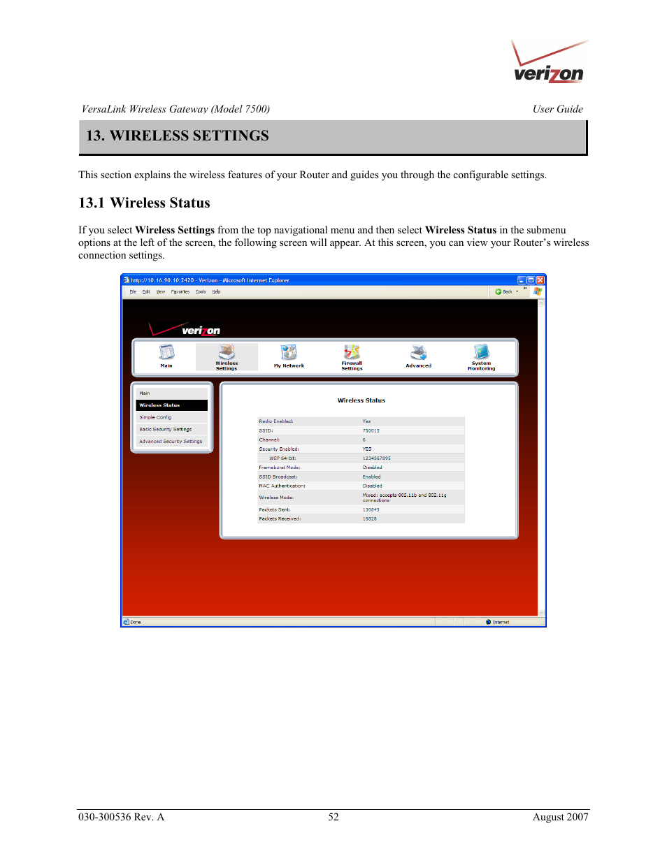 Wireless settings, 1 wireless status | Verizon 7500 User Manual | Page 52 / 186
