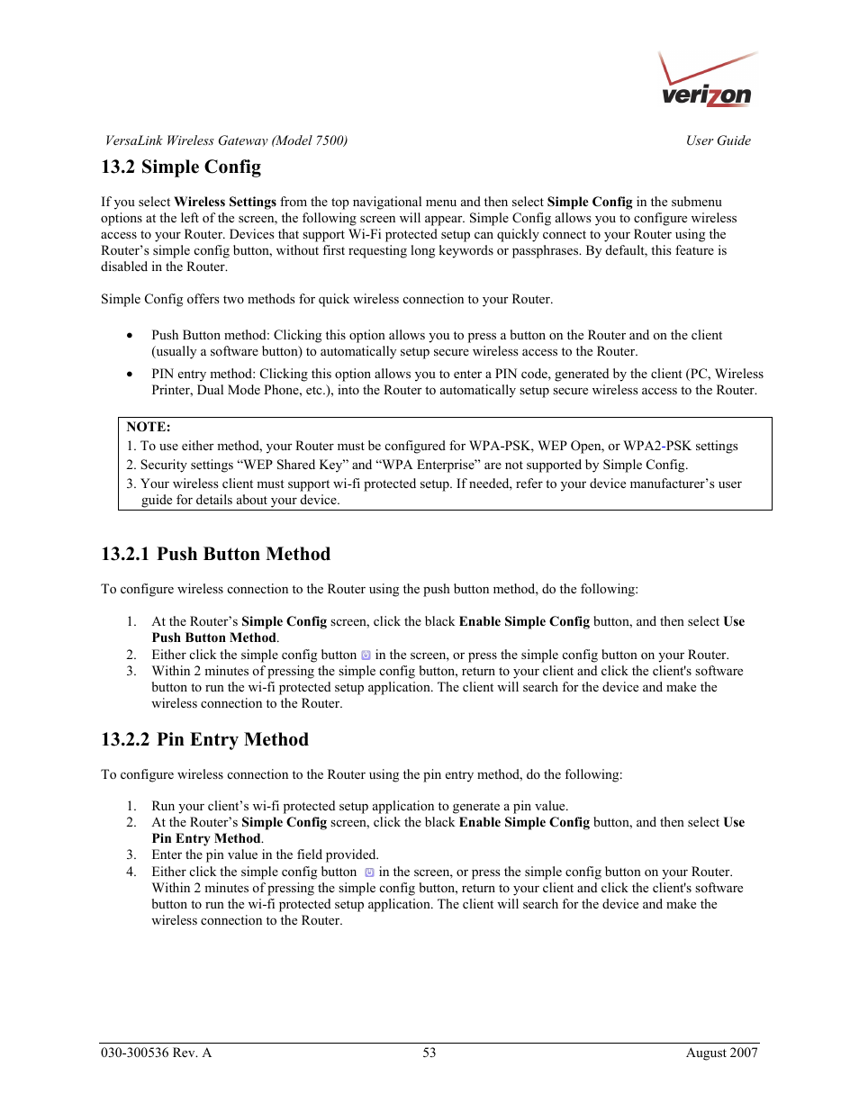 2 simple config, 1 push button method, 2 pin entry method | Verizon 7500 User Manual | Page 53 / 186