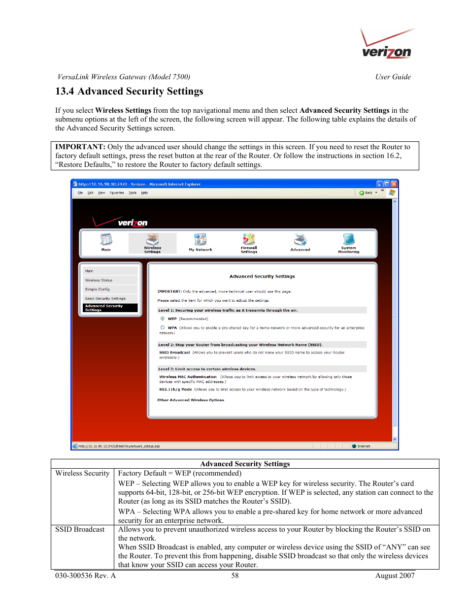 4 advanced security settings | Verizon 7500 User Manual | Page 58 / 186