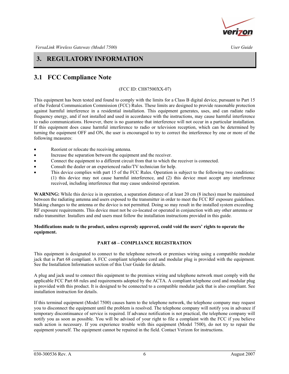 Regulatory information | Verizon 7500 User Manual | Page 6 / 186