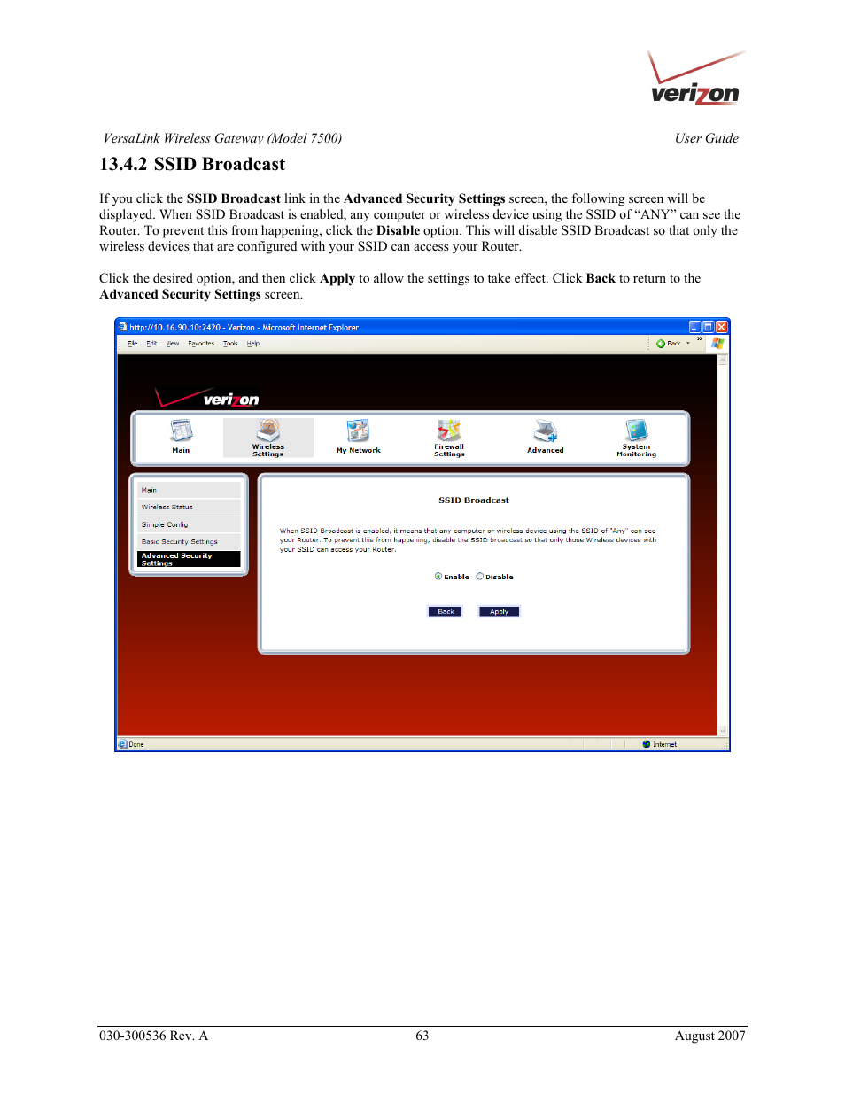 2 ssid broadcast | Verizon 7500 User Manual | Page 63 / 186