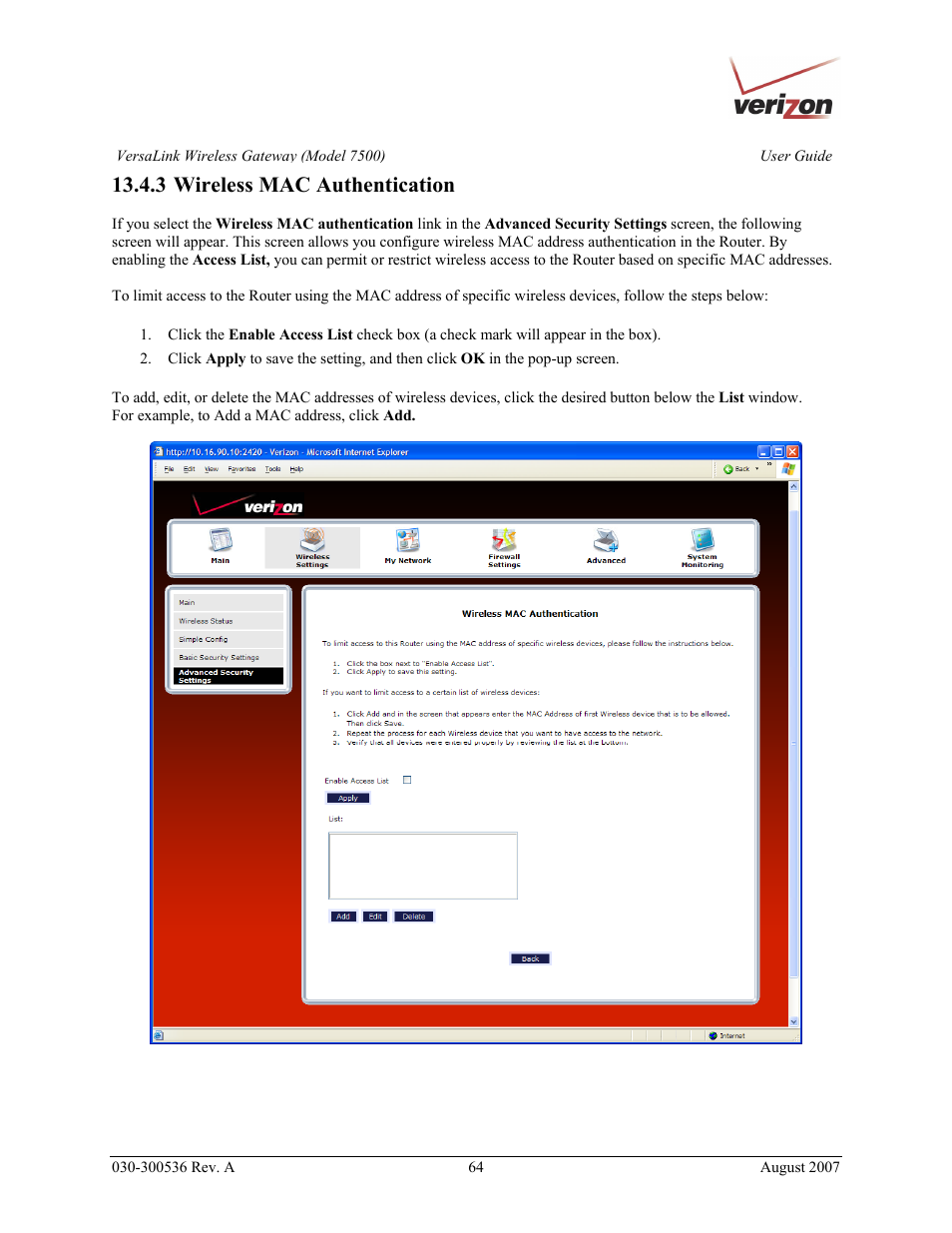 3 wireless mac authentication | Verizon 7500 User Manual | Page 64 / 186