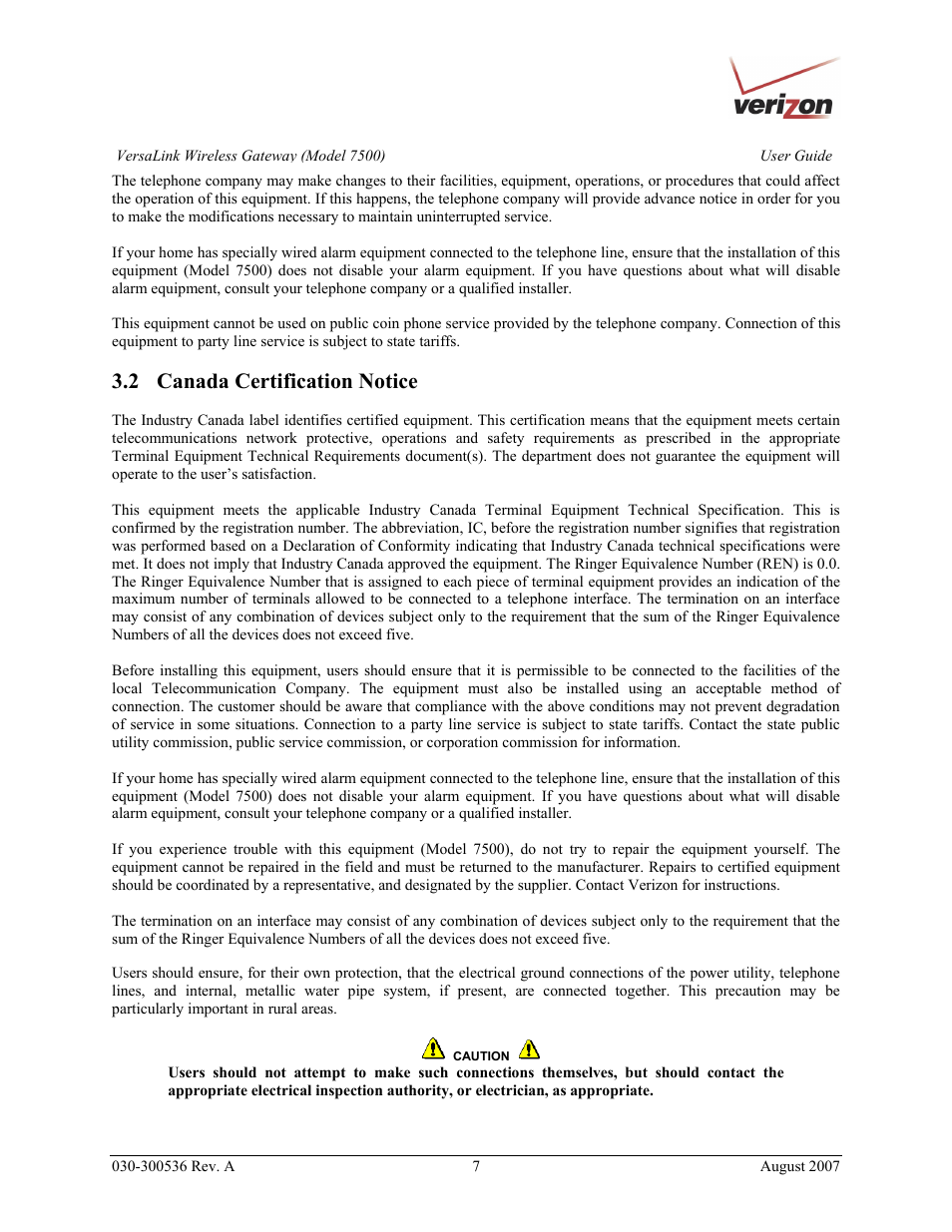 2 canada certification notice | Verizon 7500 User Manual | Page 7 / 186