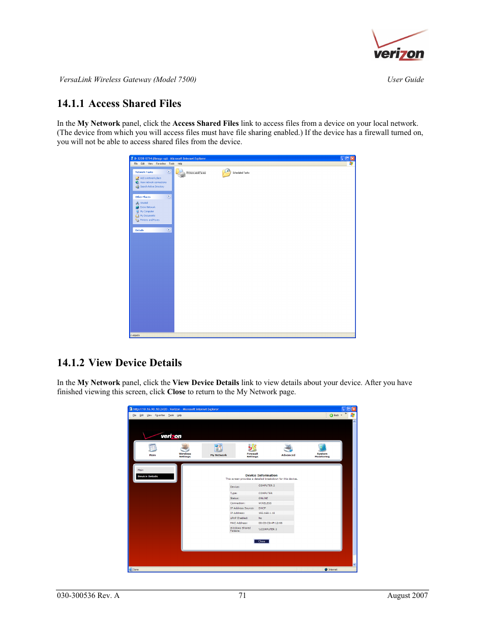 1 access shared files, 2 view device details | Verizon 7500 User Manual | Page 71 / 186
