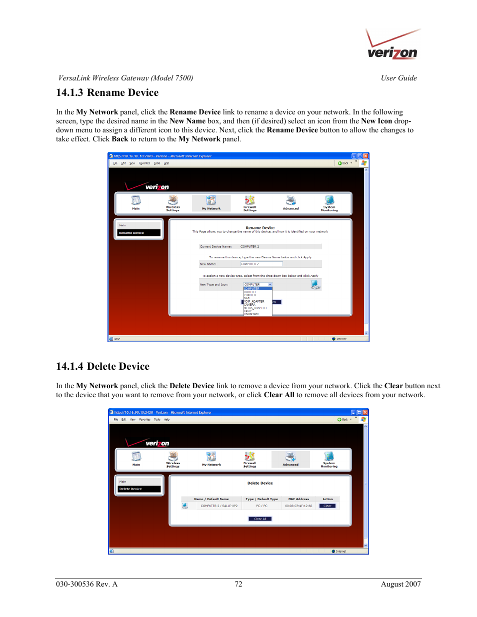 3 rename device, 4 delete device | Verizon 7500 User Manual | Page 72 / 186