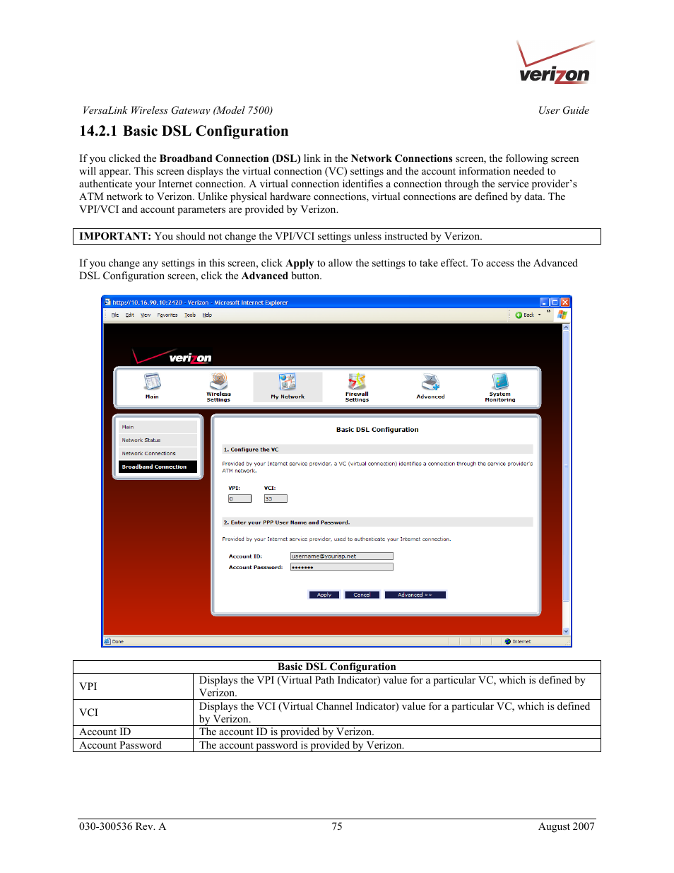 1 basic dsl configuration | Verizon 7500 User Manual | Page 75 / 186