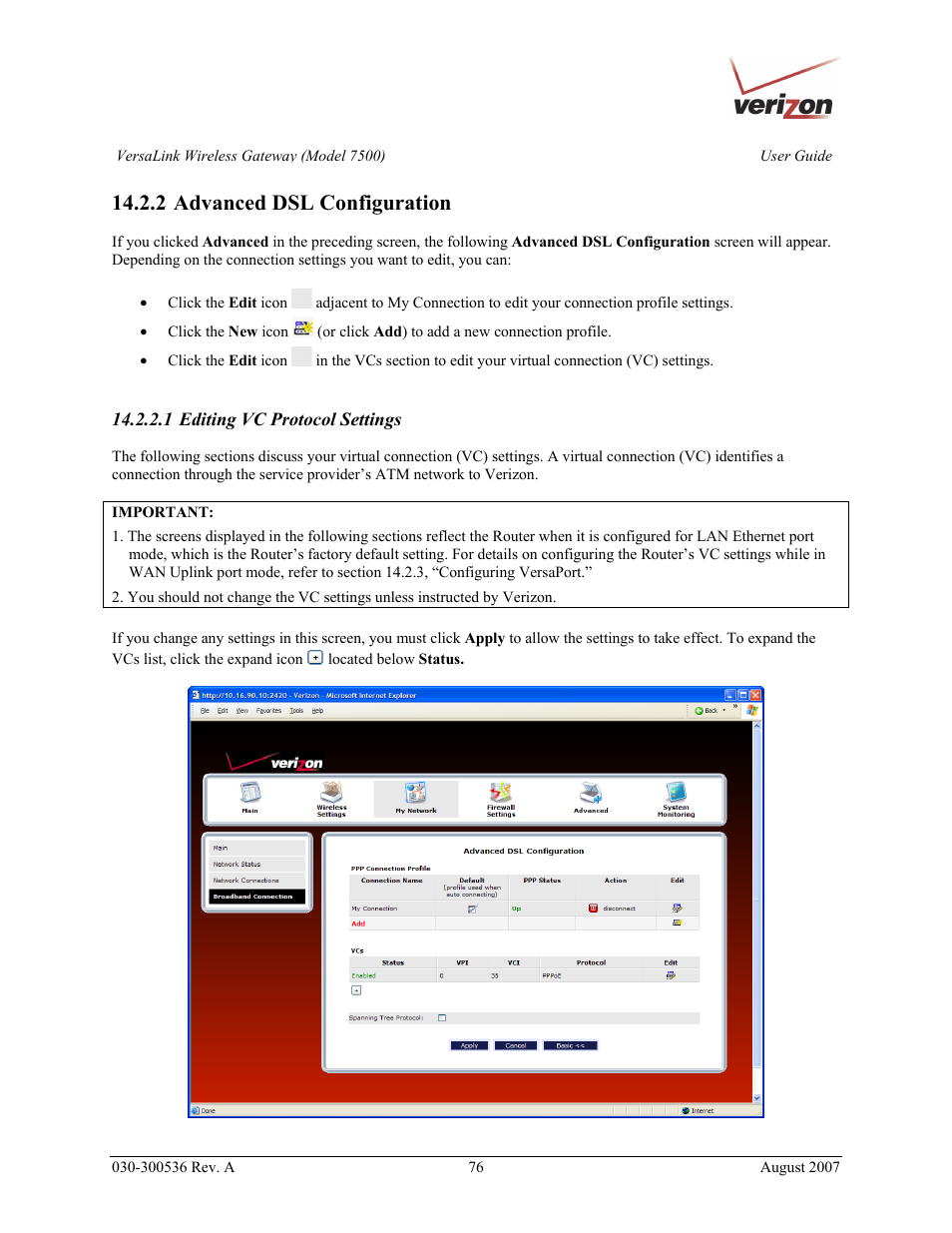 2 advanced dsl configuration | Verizon 7500 User Manual | Page 76 / 186