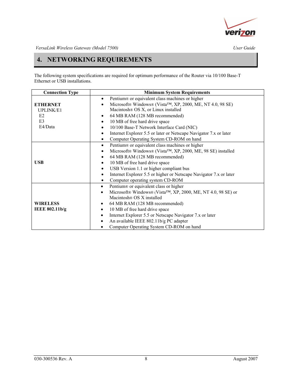 Networking requirements | Verizon 7500 User Manual | Page 8 / 186