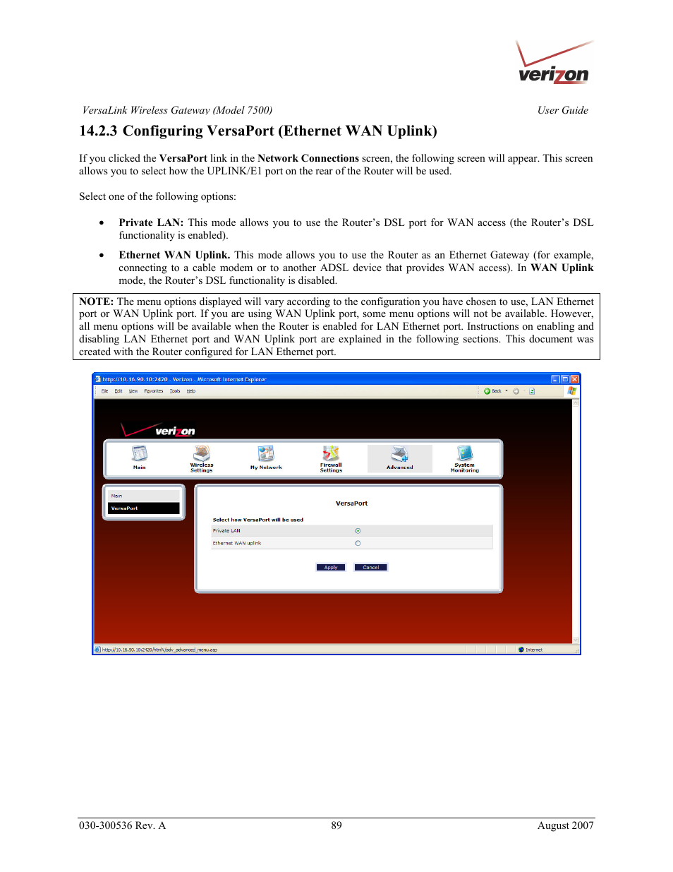3 configuring versaport (ethernet wan uplink) | Verizon 7500 User Manual | Page 89 / 186