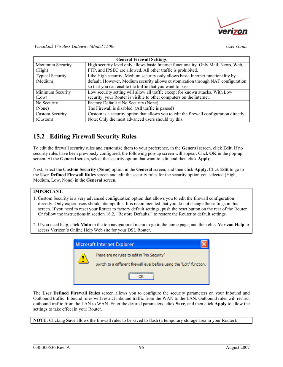 2 editing firewall security rules | Verizon 7500 User Manual | Page 96 / 186