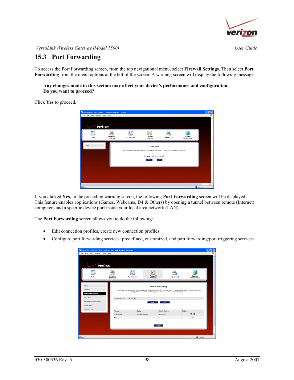 3 port forwarding | Verizon 7500 User Manual | Page 98 / 186