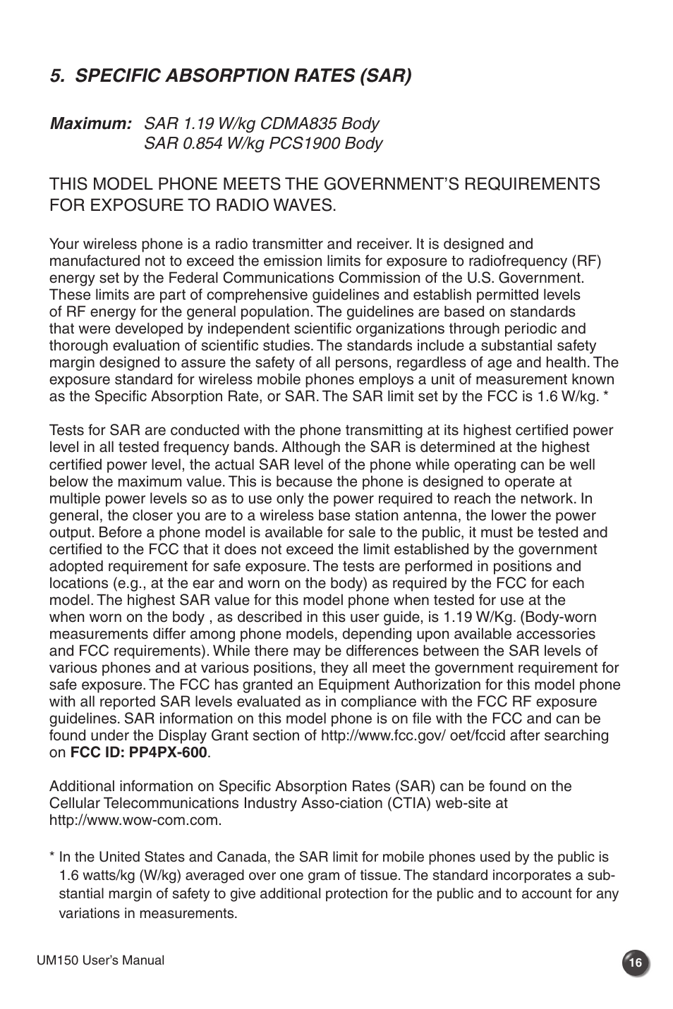 Specific absorption rates (sar) | Verizon UM150 User Manual | Page 18 / 20