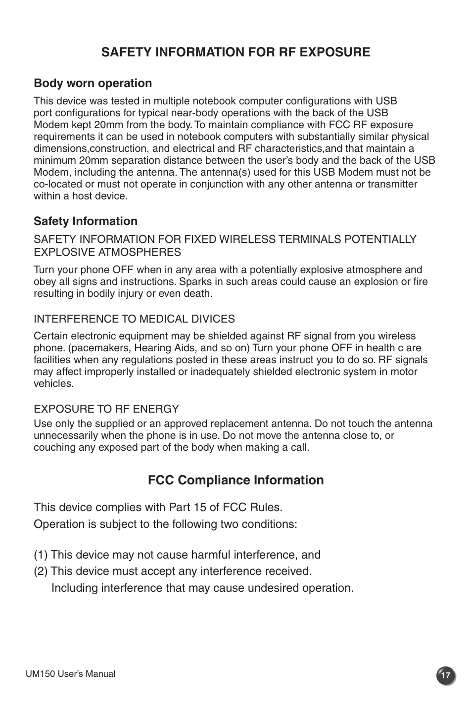 Safety information for rf exposure, Fcc compliance information | Verizon UM150 User Manual | Page 19 / 20