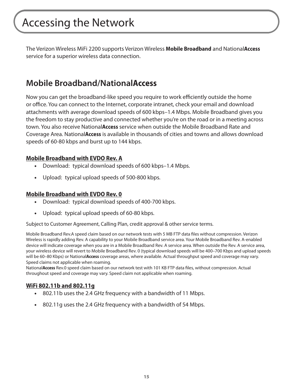 Accessing the network, Mobile broadband/nationalaccess | Verizon Wireless Intelligent Mobile Hotspot MiFi 2200 User Manual | Page 16 / 80