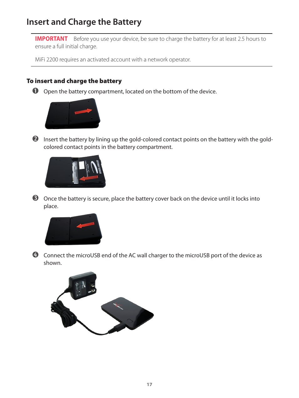 Insert and charge the battery | Verizon Wireless Intelligent Mobile Hotspot MiFi 2200 User Manual | Page 18 / 80