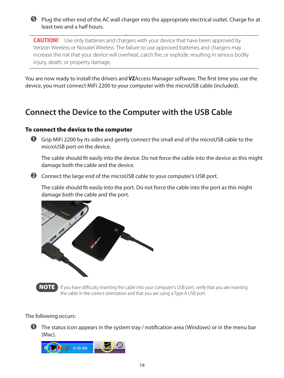 Connect the device to the, Computer with the usb cable | Verizon Wireless Intelligent Mobile Hotspot MiFi 2200 User Manual | Page 19 / 80