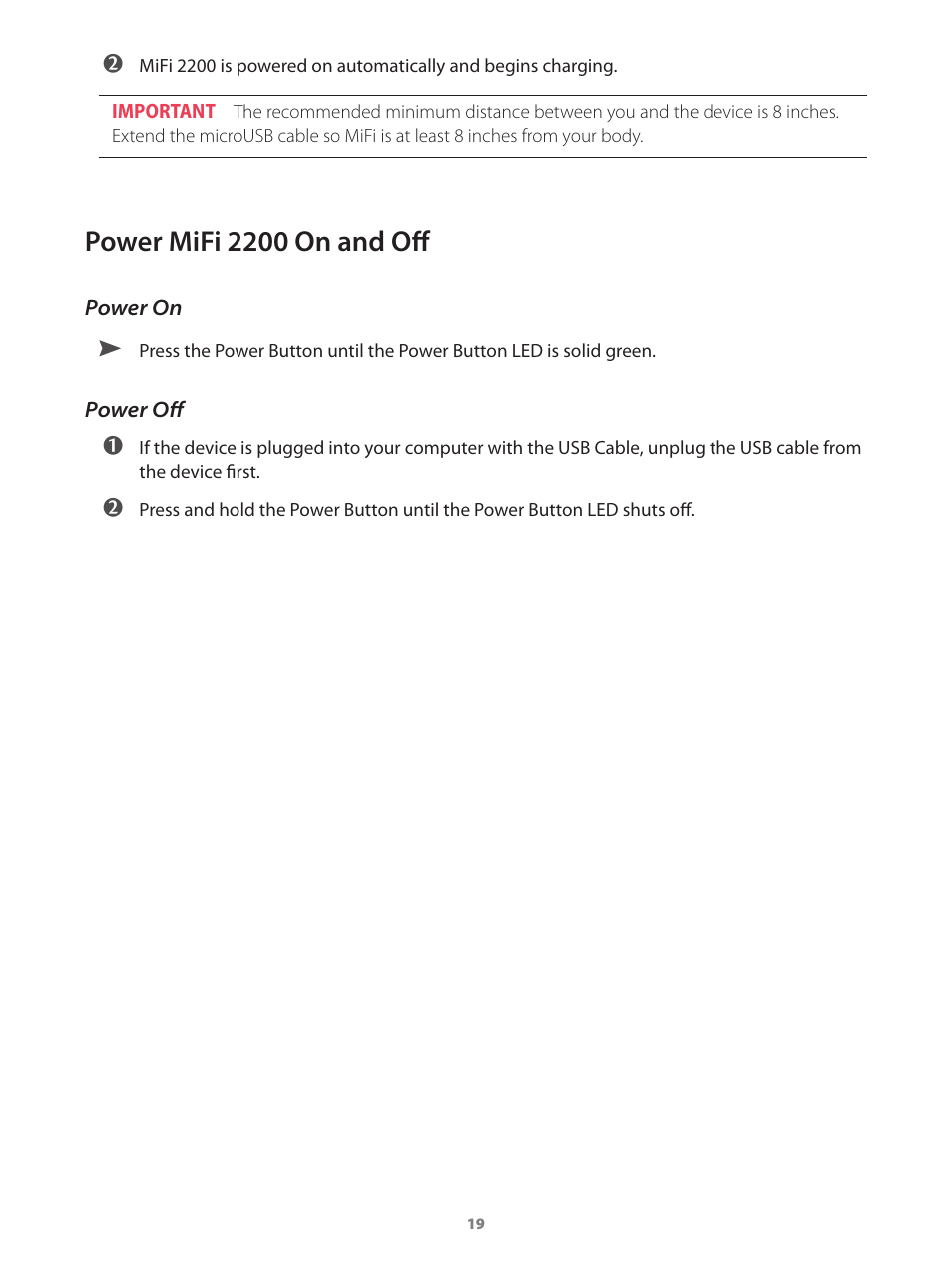 Power mifi 2200 on and off, Power on power off | Verizon Wireless Intelligent Mobile Hotspot MiFi 2200 User Manual | Page 20 / 80