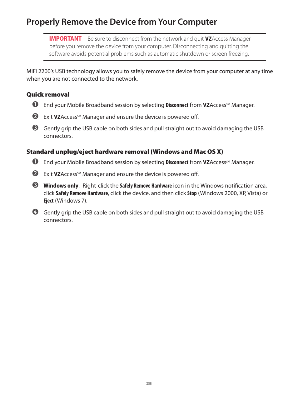 Properly remove the device from your computer | Verizon Wireless Intelligent Mobile Hotspot MiFi 2200 User Manual | Page 26 / 80