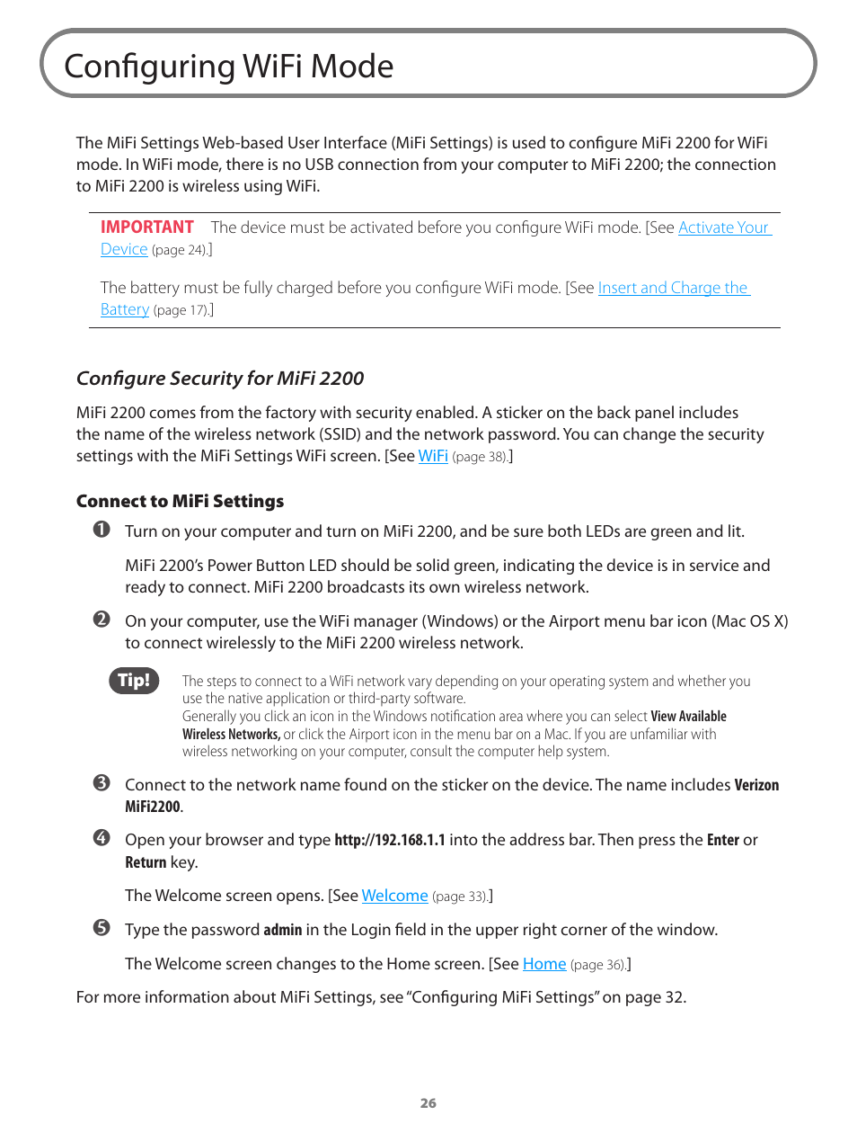 Configuring wifi mode, Configure security for mifi 2200 | Verizon Wireless Intelligent Mobile Hotspot MiFi 2200 User Manual | Page 27 / 80