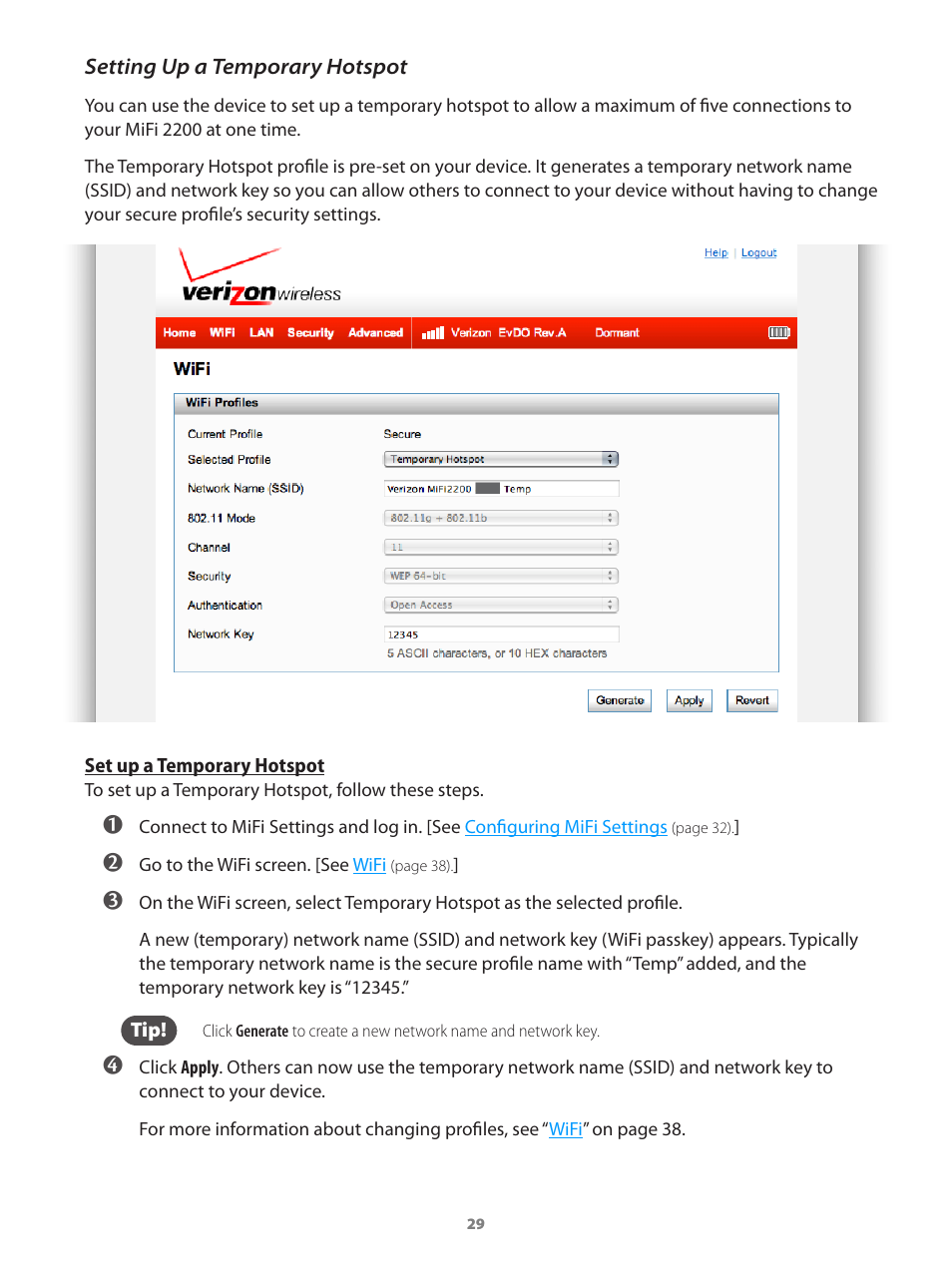 Setting up a temporary hotspot | Verizon Wireless Intelligent Mobile Hotspot MiFi 2200 User Manual | Page 30 / 80