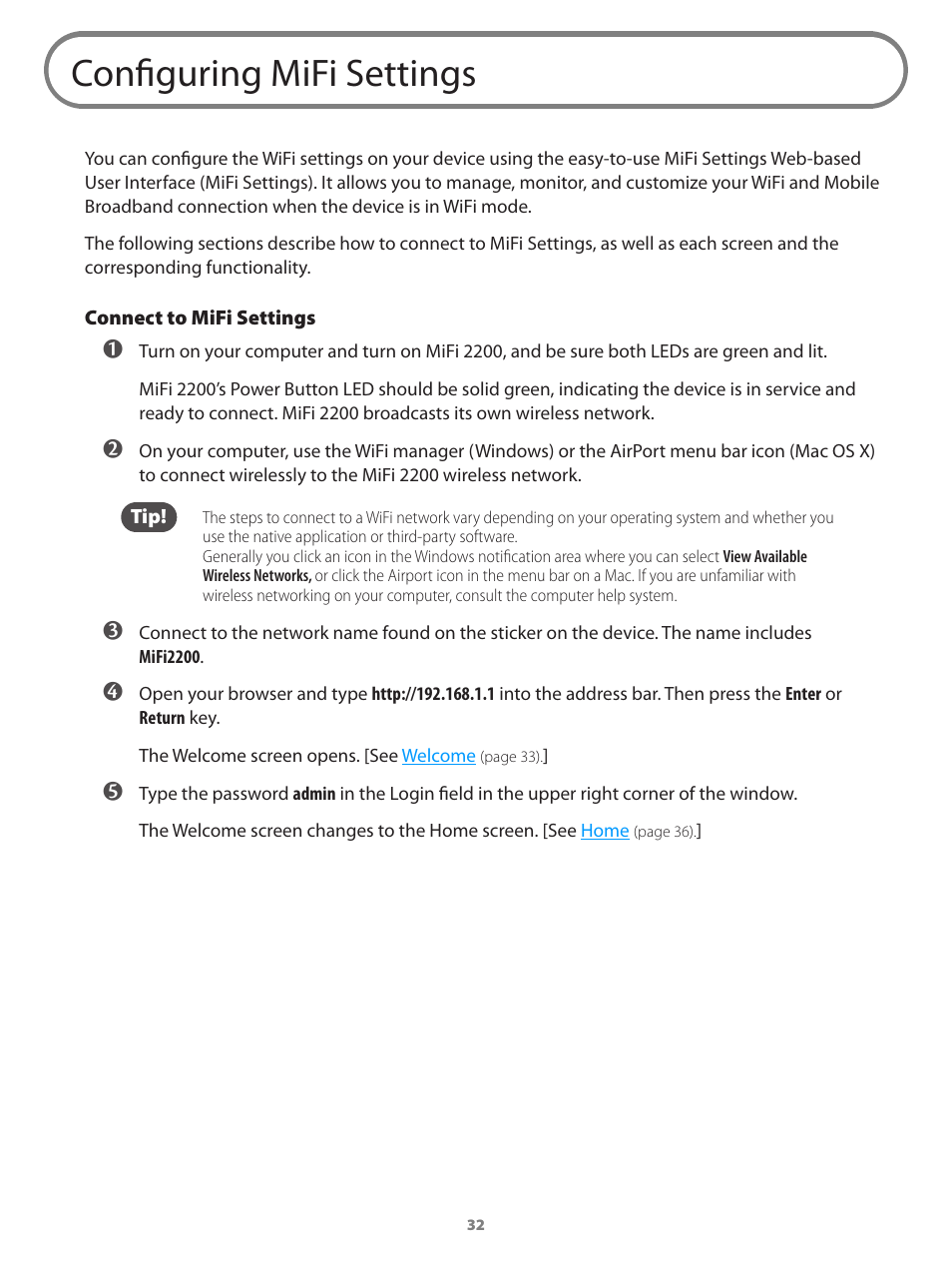 Configuring mifi settings, Ettings and log in. [see | Verizon Wireless Intelligent Mobile Hotspot MiFi 2200 User Manual | Page 33 / 80