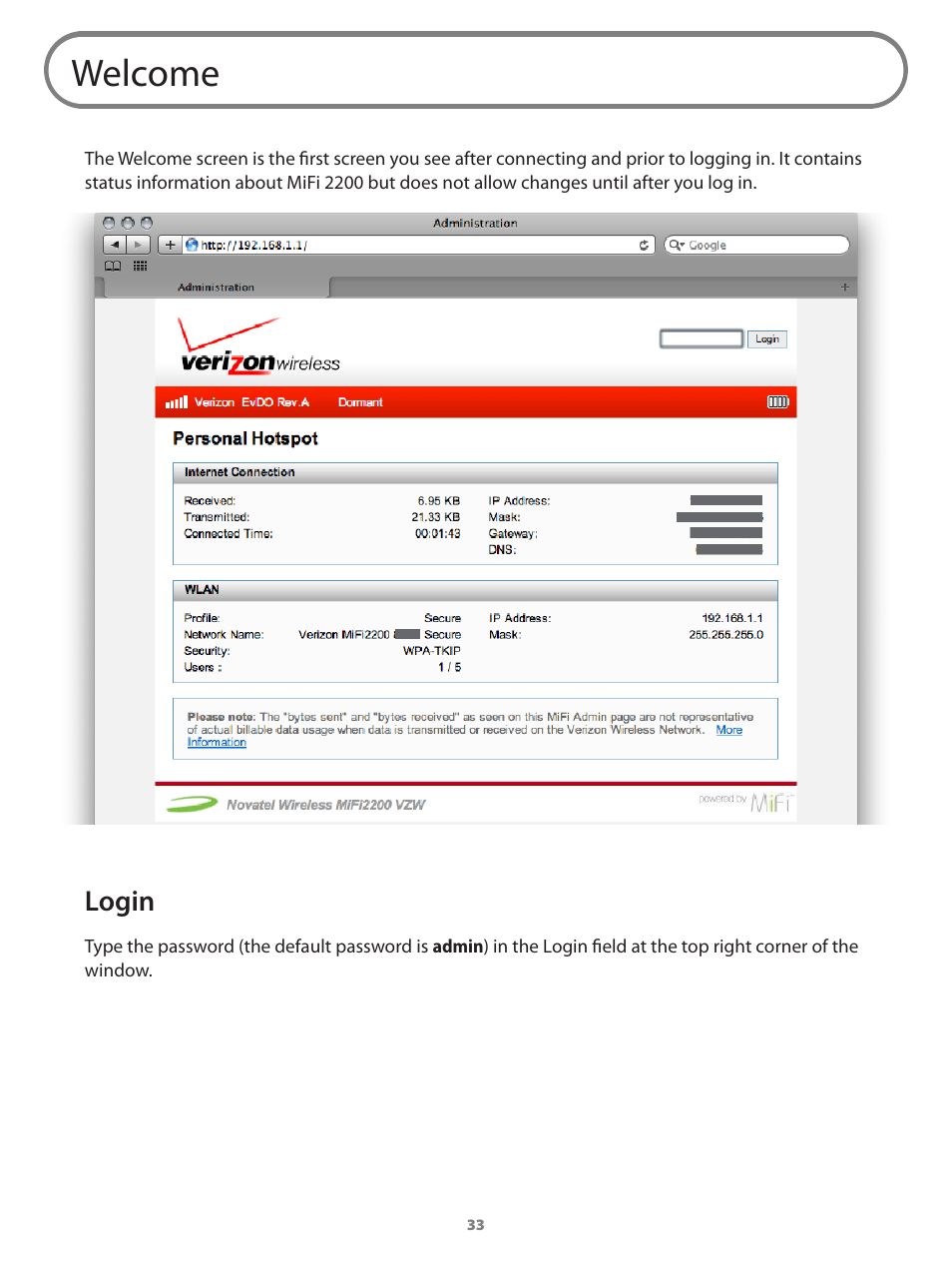 Welcome, Login | Verizon Wireless Intelligent Mobile Hotspot MiFi 2200 User Manual | Page 34 / 80
