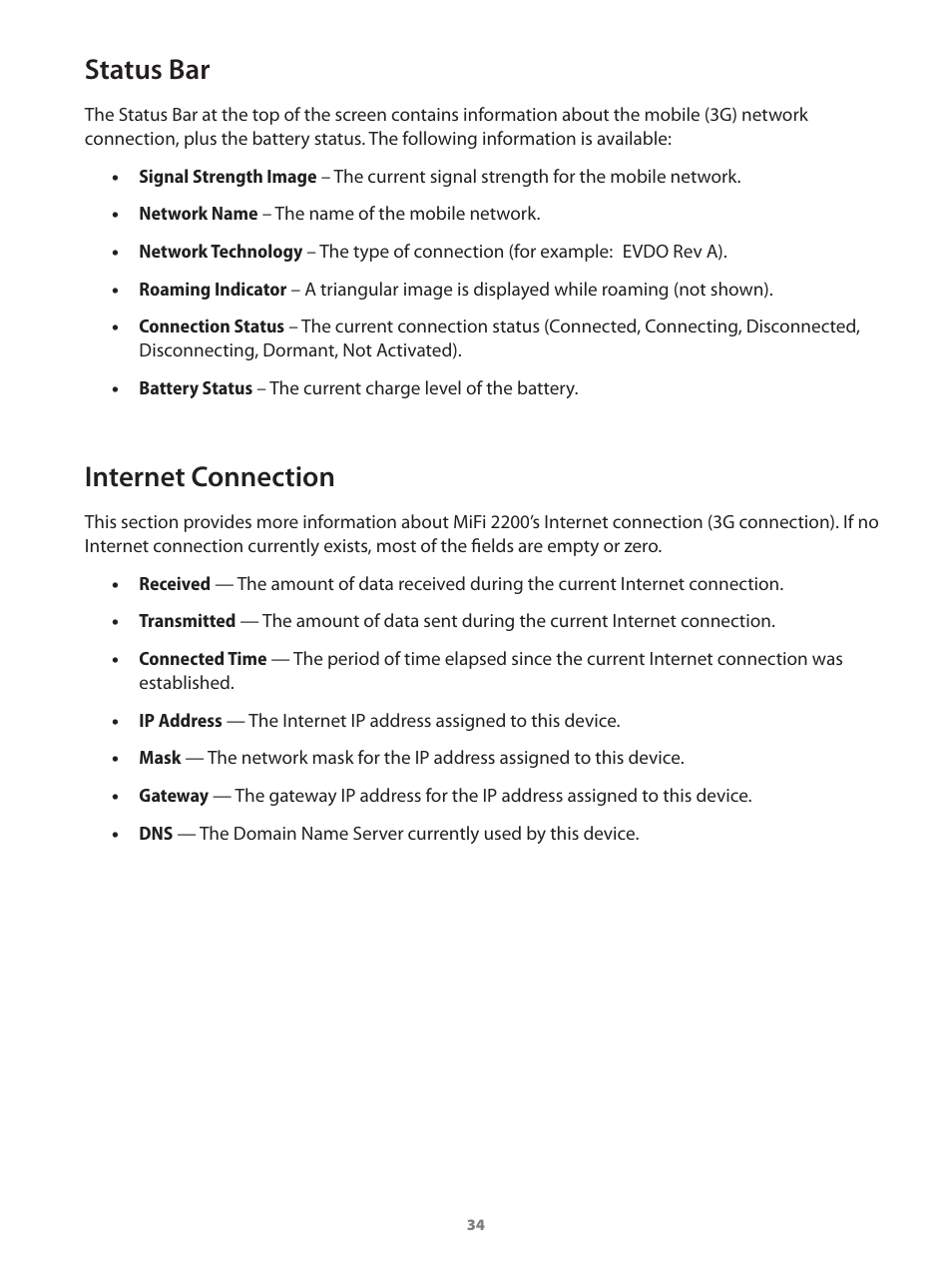 Status bar internet connection, Status bar, Internet connection | Verizon Wireless Intelligent Mobile Hotspot MiFi 2200 User Manual | Page 35 / 80
