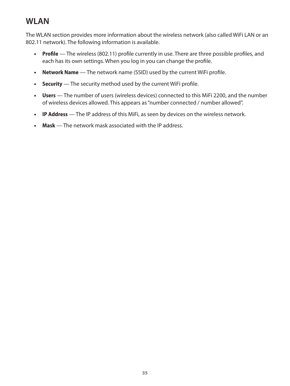 Wlan | Verizon Wireless Intelligent Mobile Hotspot MiFi 2200 User Manual | Page 36 / 80