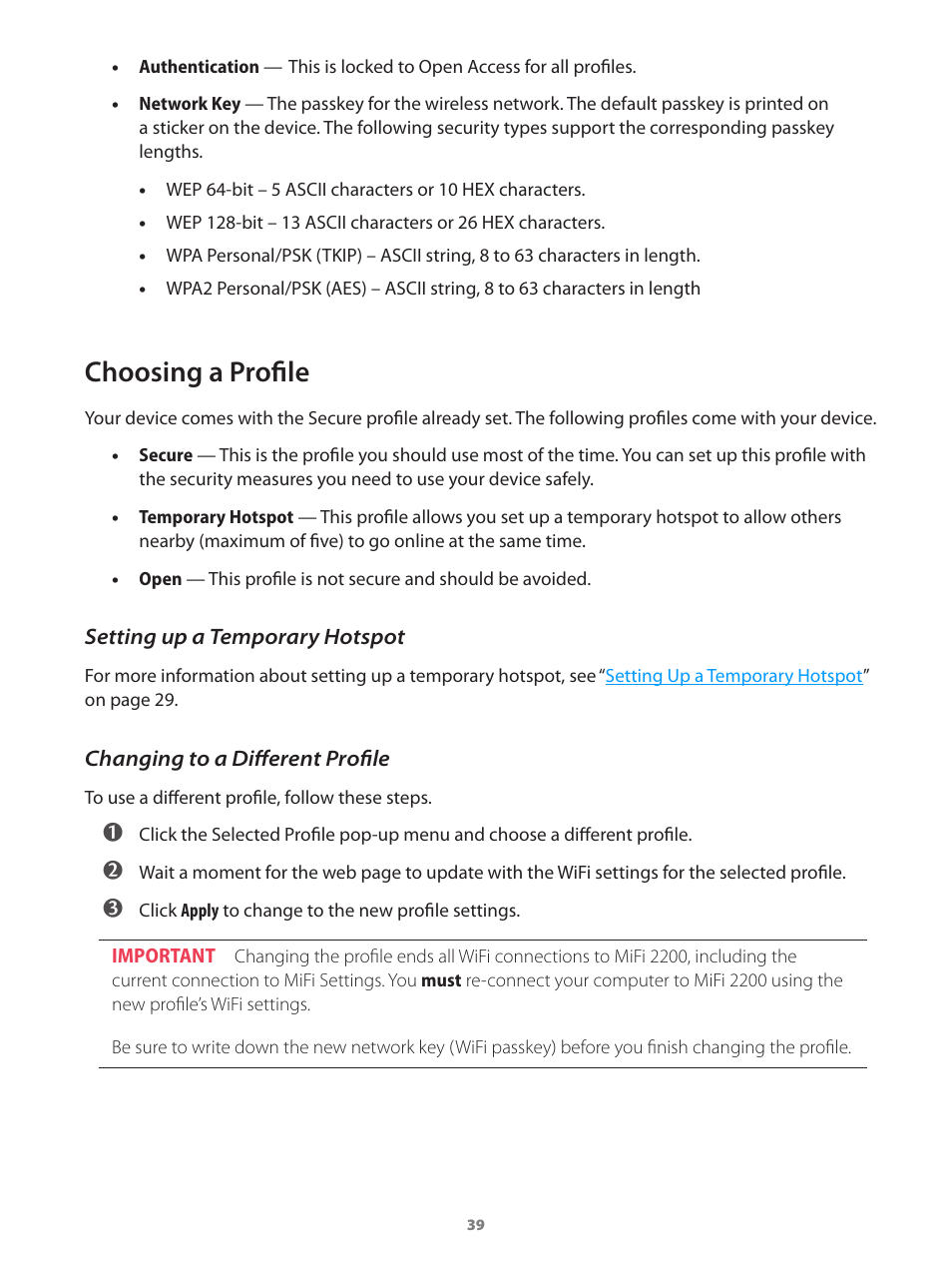 Choosing a profile, Changing to a different, Profile | Verizon Wireless Intelligent Mobile Hotspot MiFi 2200 User Manual | Page 40 / 80