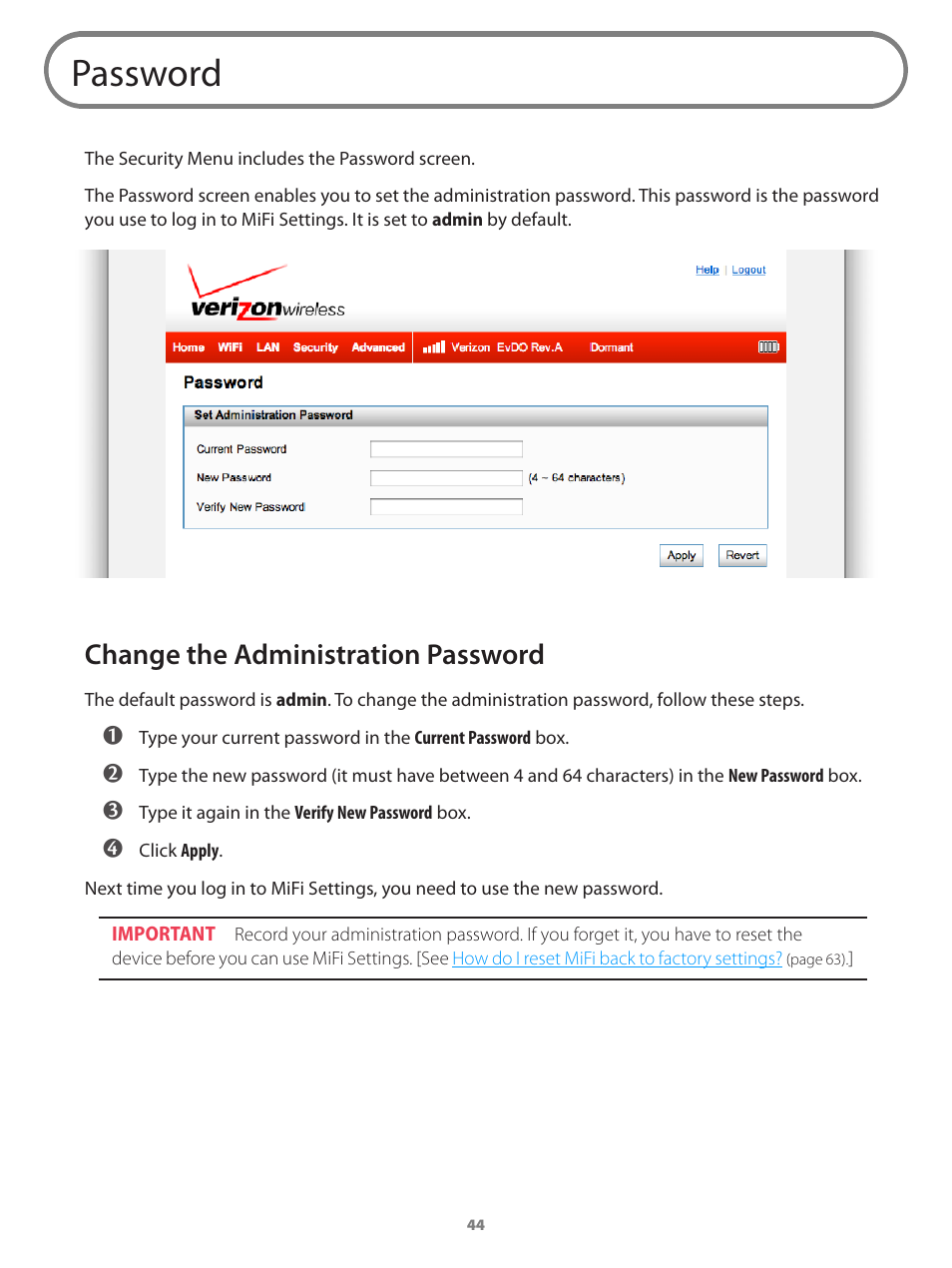 Password, Change the administration password | Verizon Wireless Intelligent Mobile Hotspot MiFi 2200 User Manual | Page 45 / 80
