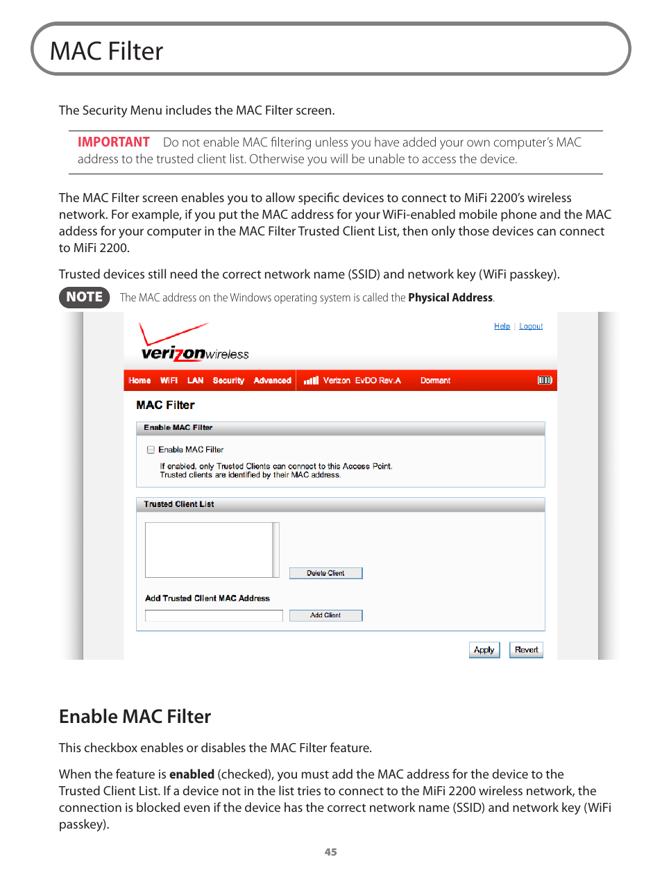 Mac filter, Enable mac filter | Verizon Wireless Intelligent Mobile Hotspot MiFi 2200 User Manual | Page 46 / 80