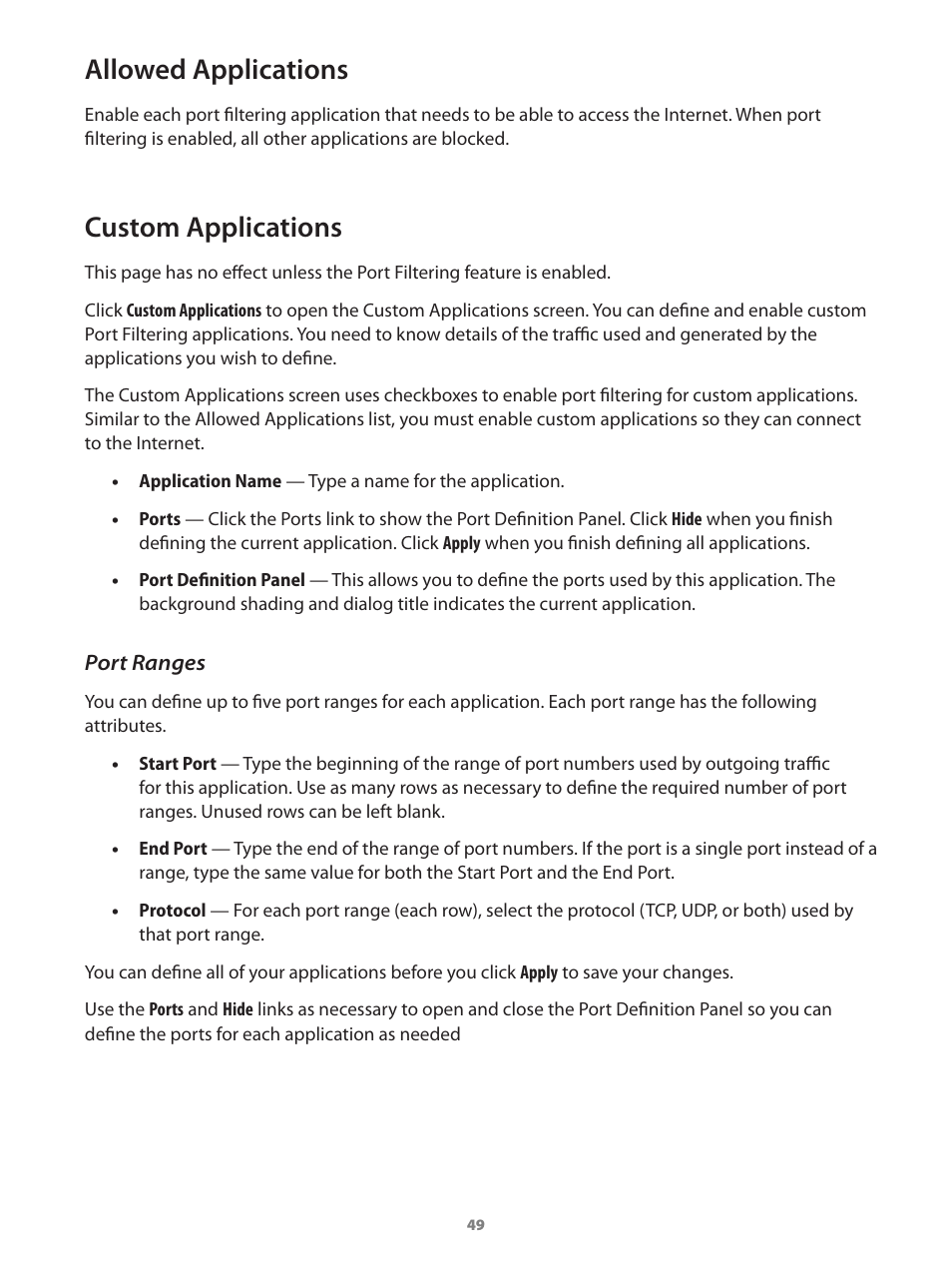 Allowed applications custom applications, Port ranges, Allowed applications | Custom applications | Verizon Wireless Intelligent Mobile Hotspot MiFi 2200 User Manual | Page 50 / 80