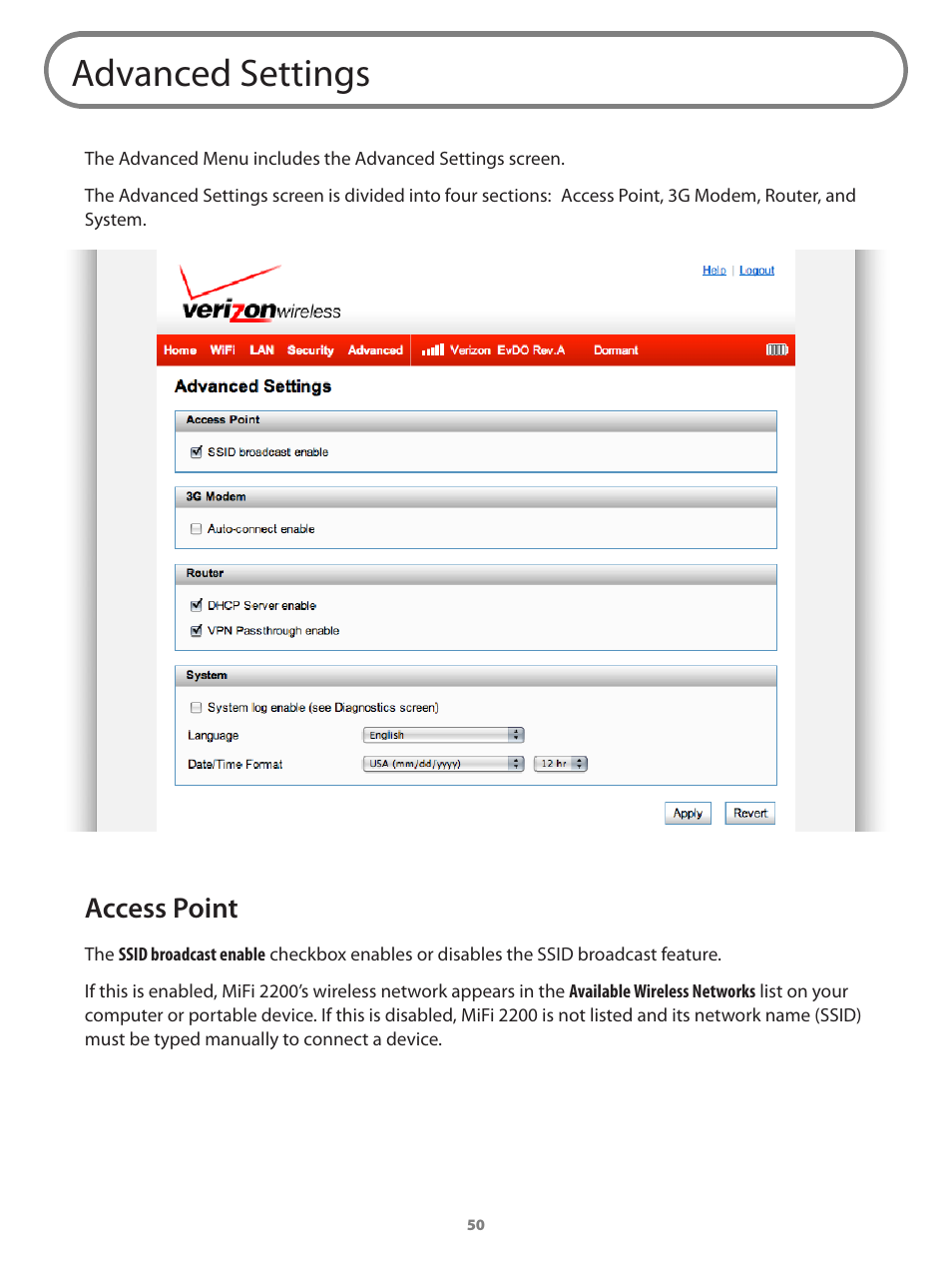 Advanced settings, Access point | Verizon Wireless Intelligent Mobile Hotspot MiFi 2200 User Manual | Page 51 / 80