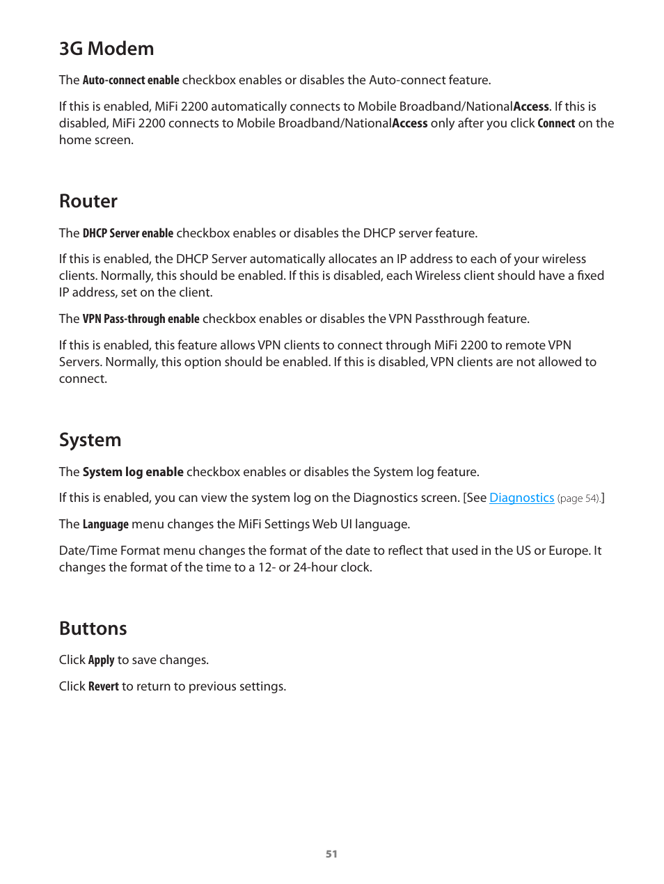 3g modem router system buttons, 3g modem, Router | System, Buttons | Verizon Wireless Intelligent Mobile Hotspot MiFi 2200 User Manual | Page 52 / 80