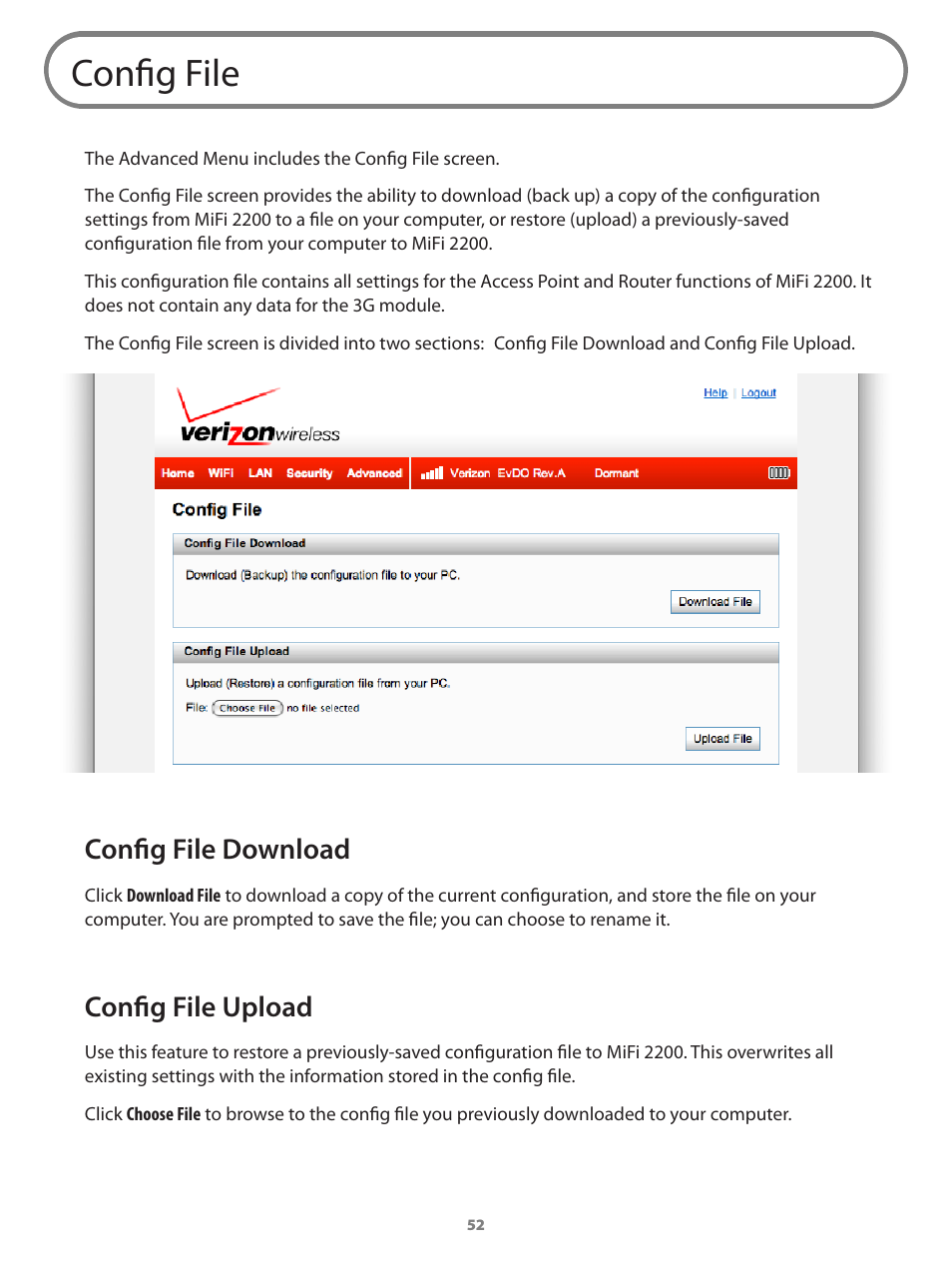 Config file, Config file download config file upload, Config file download | Config file upload | Verizon Wireless Intelligent Mobile Hotspot MiFi 2200 User Manual | Page 53 / 80