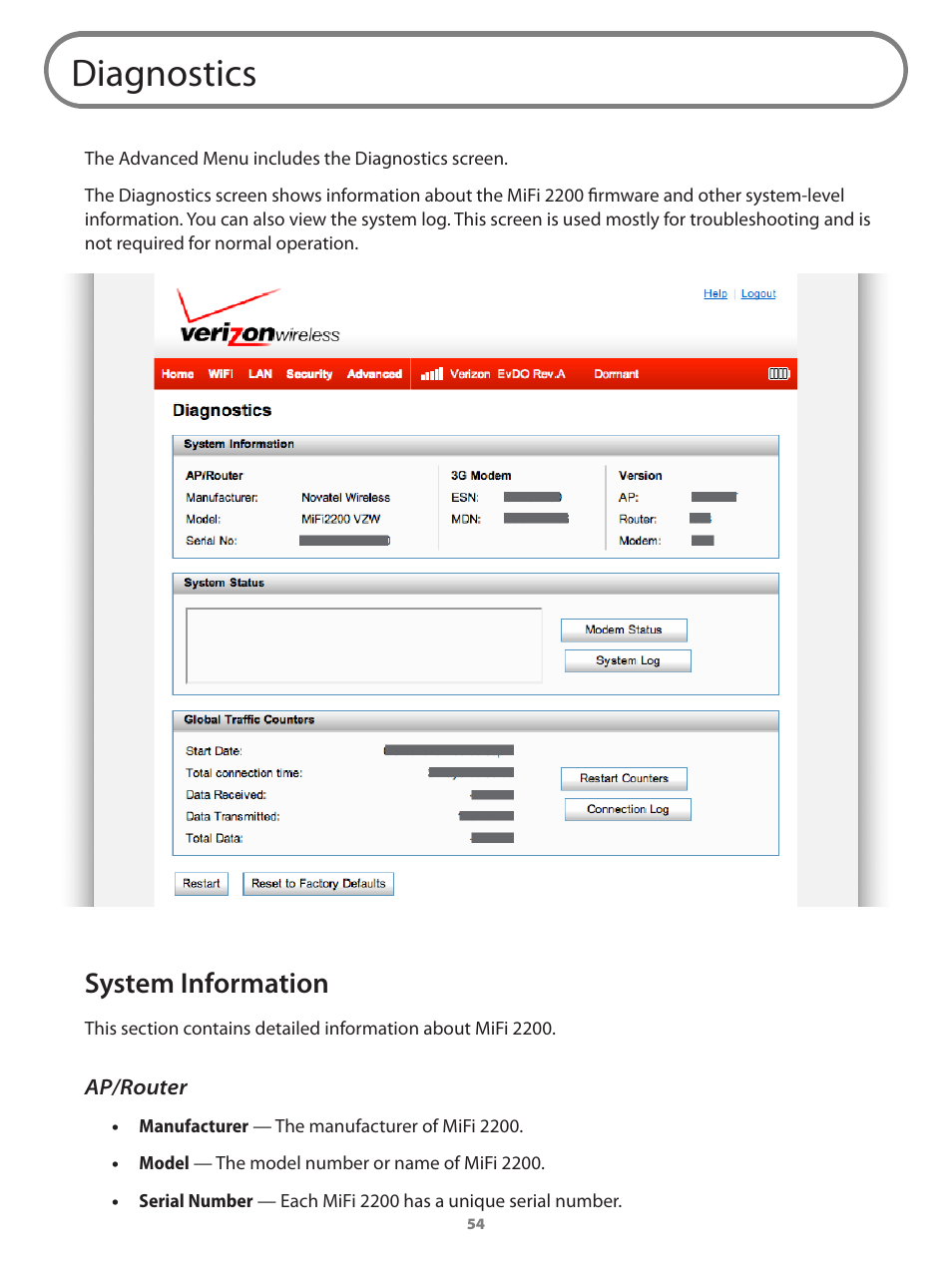 Diagnostics, System information, Ap/router | Een. [see | Verizon Wireless Intelligent Mobile Hotspot MiFi 2200 User Manual | Page 55 / 80