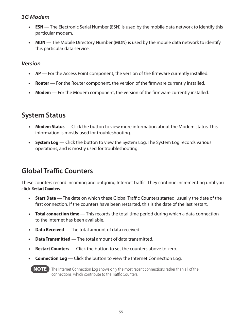 3g modem version, System status, Global traffic counters | Verizon Wireless Intelligent Mobile Hotspot MiFi 2200 User Manual | Page 56 / 80