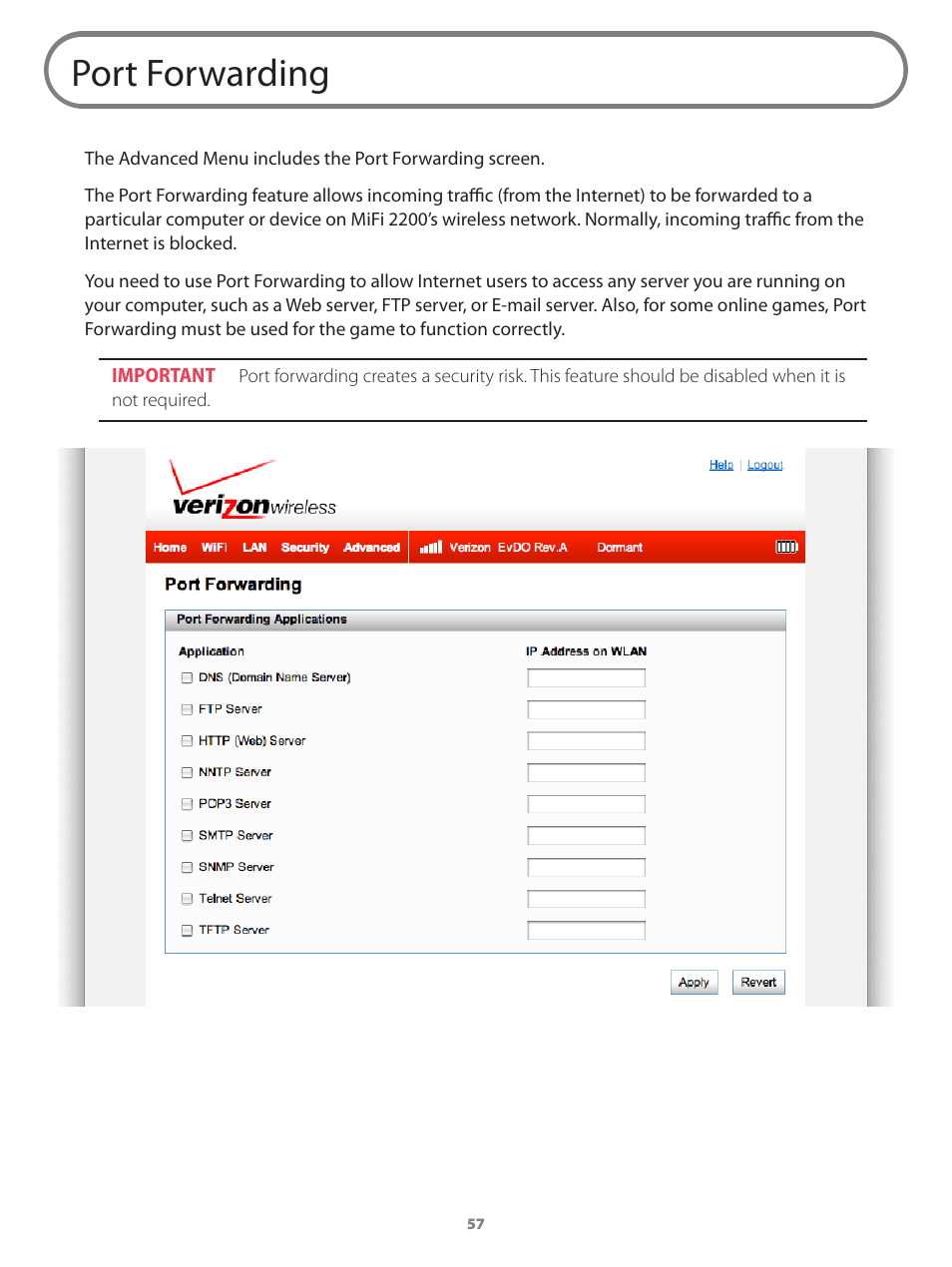 Port forwarding | Verizon Wireless Intelligent Mobile Hotspot MiFi 2200 User Manual | Page 58 / 80